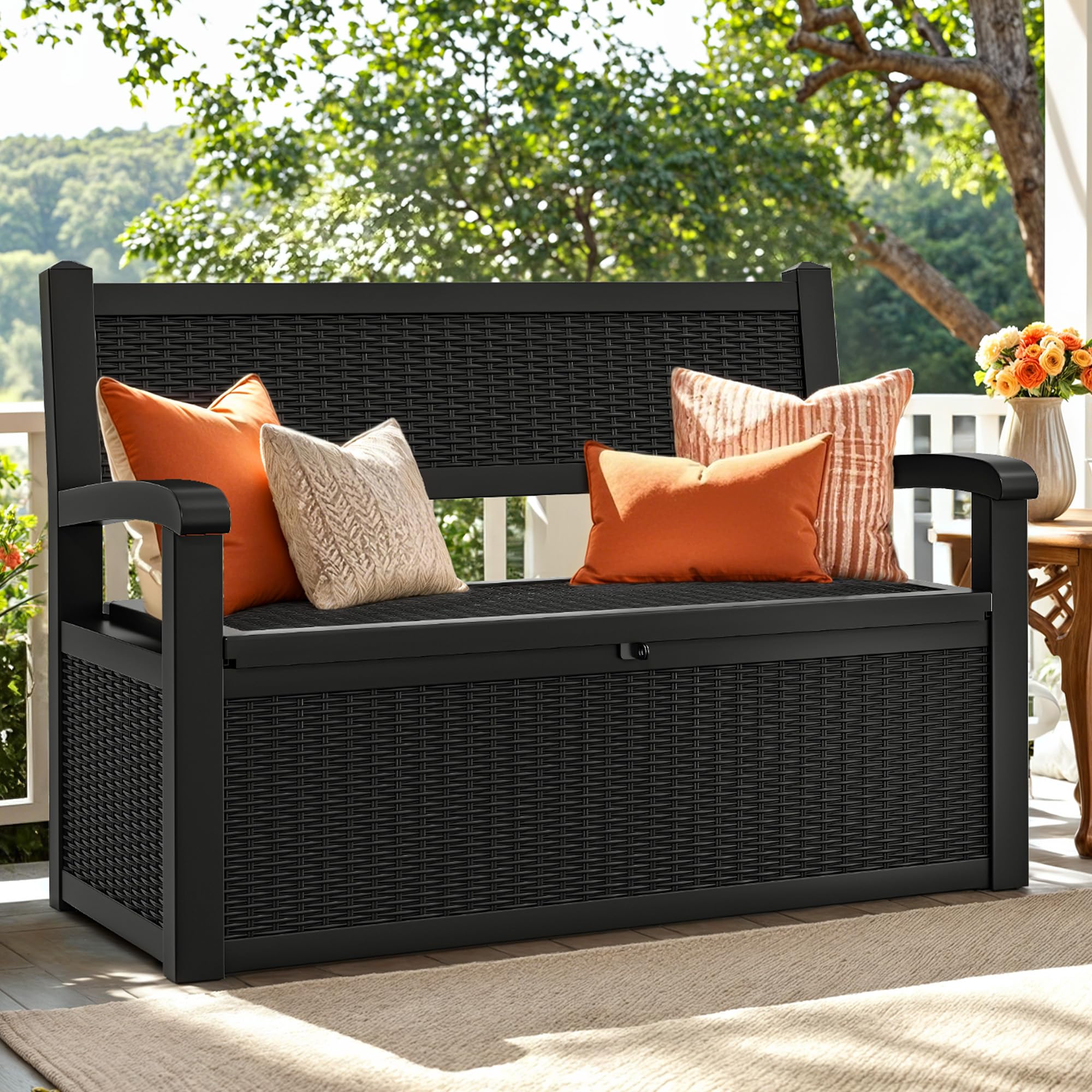 YITAHOME 265L Storage Bench Deck Box, Lockable Patio Garden Box, Weatherproof Outdoor Storage for Cushions, Tools & Pool Supplies – Black