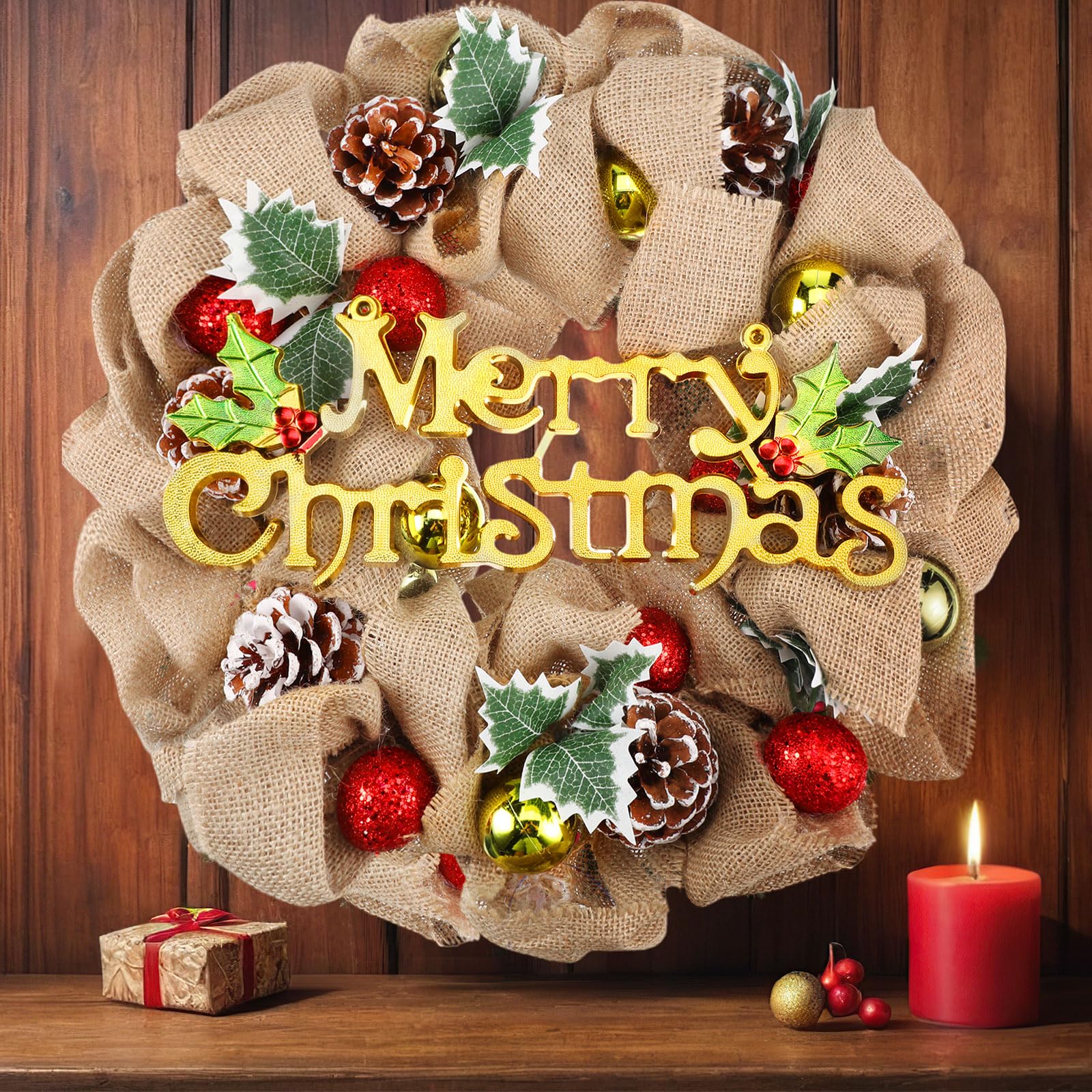 Dingion 20 Inch Merry Christmas Burlap Wreath for Front Door Christmas Wreath with Artificial Pinecones Red Berry Leaf Accessories for Front Door Fireplaces Window Porch Home Wall Xmas Decor