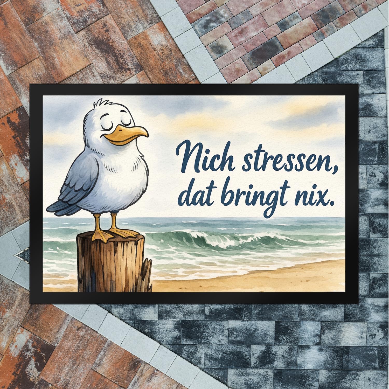 speecheese Möwe Nich stressen auf Aquarell Fußmatte XXL in 50x75 cm lustiger Türmatte-Spruch für entspannte Einzüge