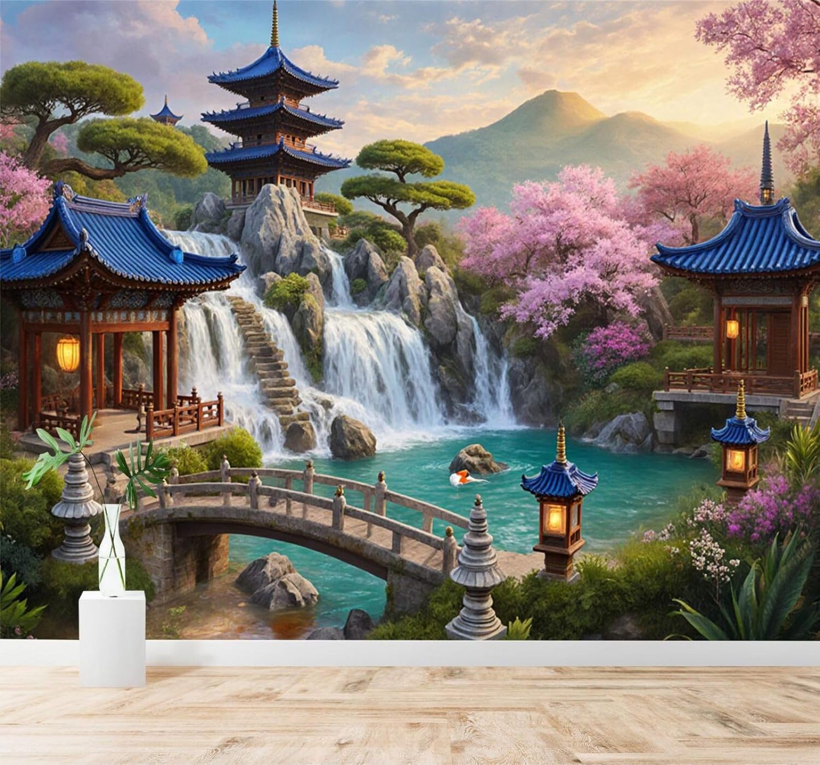 Xlming 400Cm×280Cm(B×H) Beautiful Garden Pagoda Waterfall Cherry Blossoms 3D Wallpaper Silky Texture Home Study Office Grey Dining Room Sofa Bedroom Living Room Tv Backdrop-400Cm×280Cm