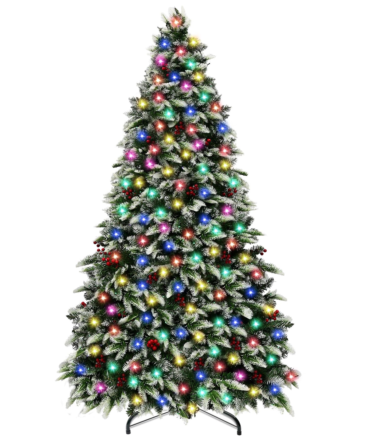 7 ft prelit artificial christmas tree with 300 color changing led lights, 8 modes snow flocked thick full pine xmas tree with 1980 pvc/pe tips, 36 berries christmas decoration indoor outdoor holiday