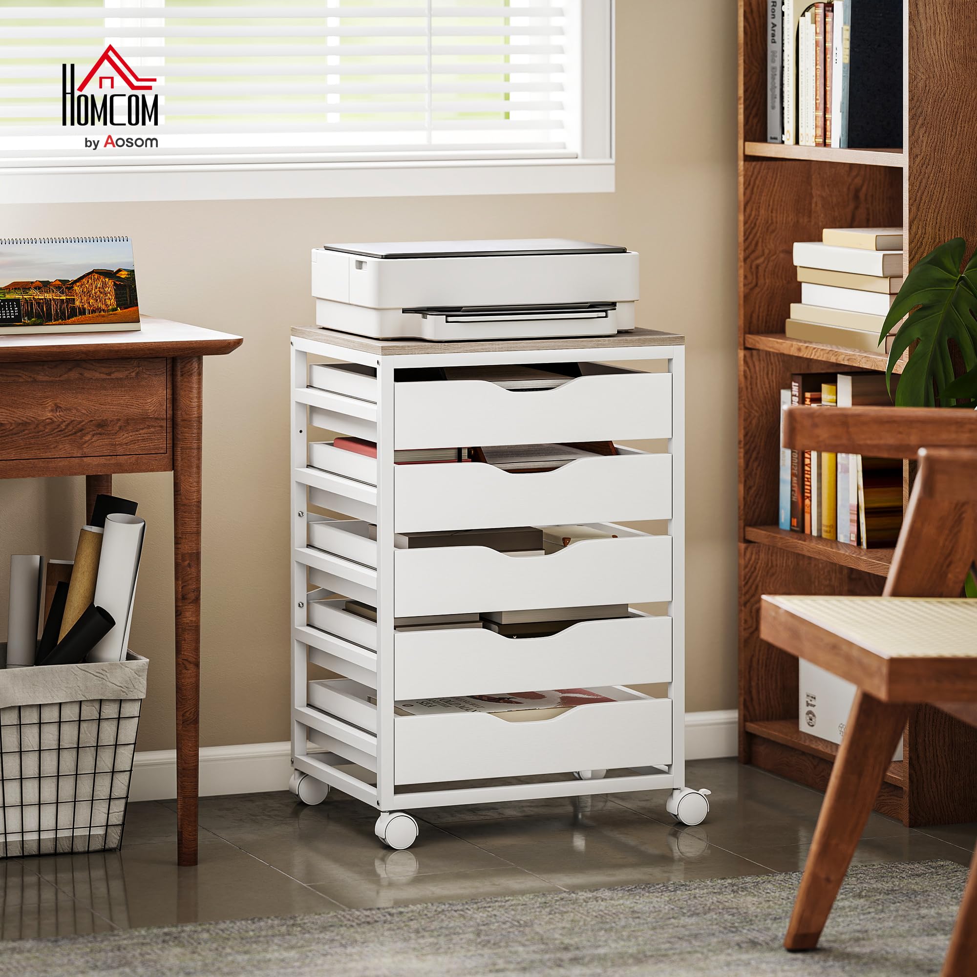 HOMCOM Caisson Bureau Mobile avec 5 Tiroirs Bois 50 x 40 x 74,5 cm Blanc