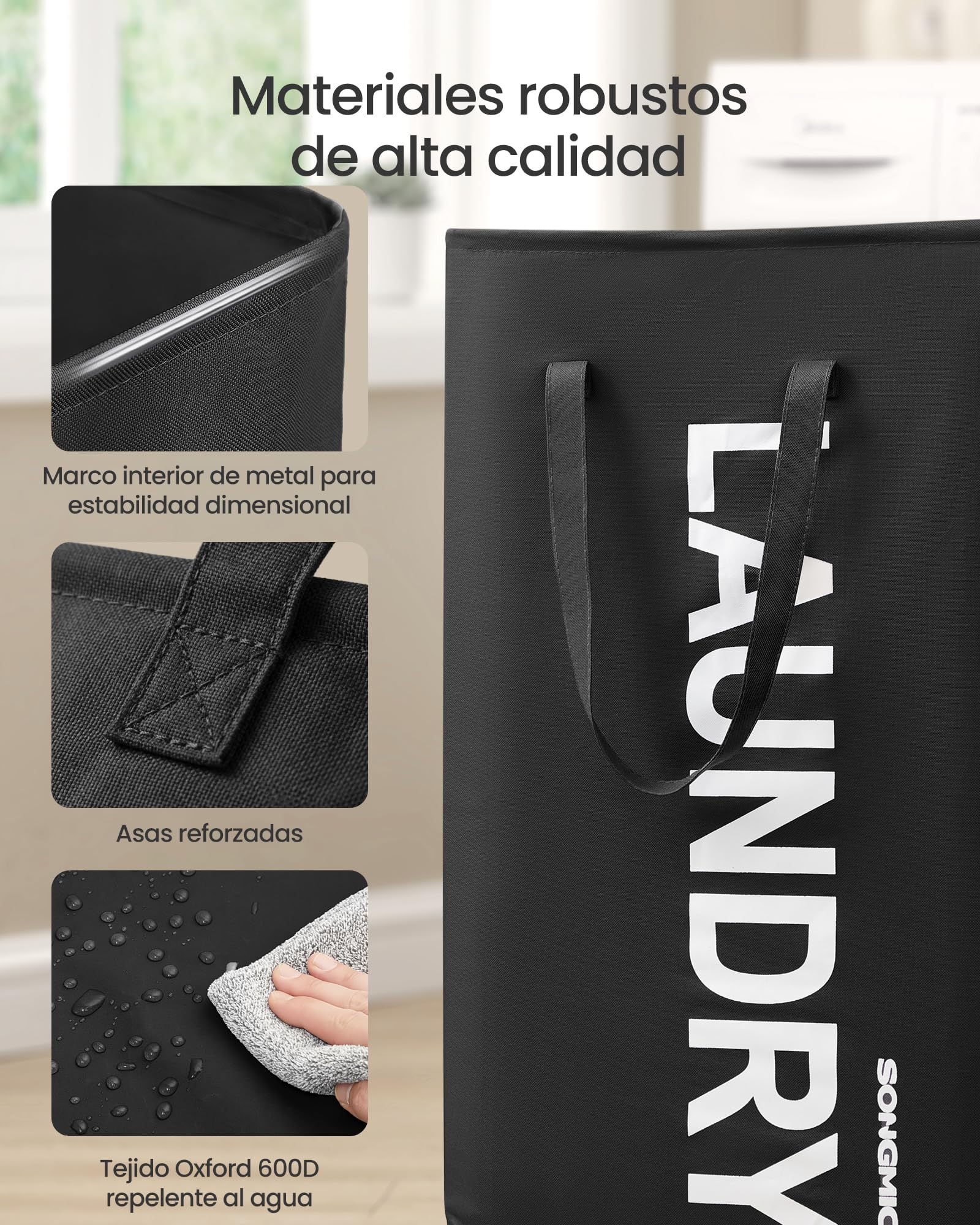 SONGMICS Cesto Ropa Sucia, 80 L, Cesta de Ropa Plegable, con Asa, Bolsa para Ropa, Repelente al Agua, para Lavadero, Dormitorio, Baño, Negro Tinta RLH001BH01