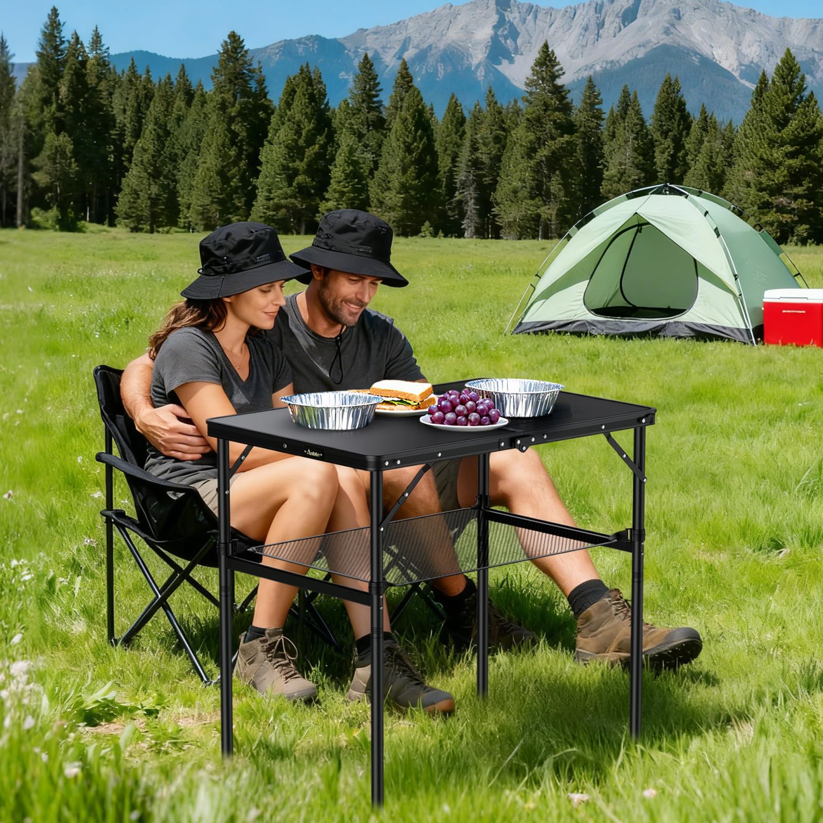 Anbte Mesa Camping Plegable 90x60x37.5/74.7cm Mesa de Acampada Portátil Aluminio Impermeable Resistente a La Oxidación para Balcón/Picnic/Playa/Barbacoa-Negro