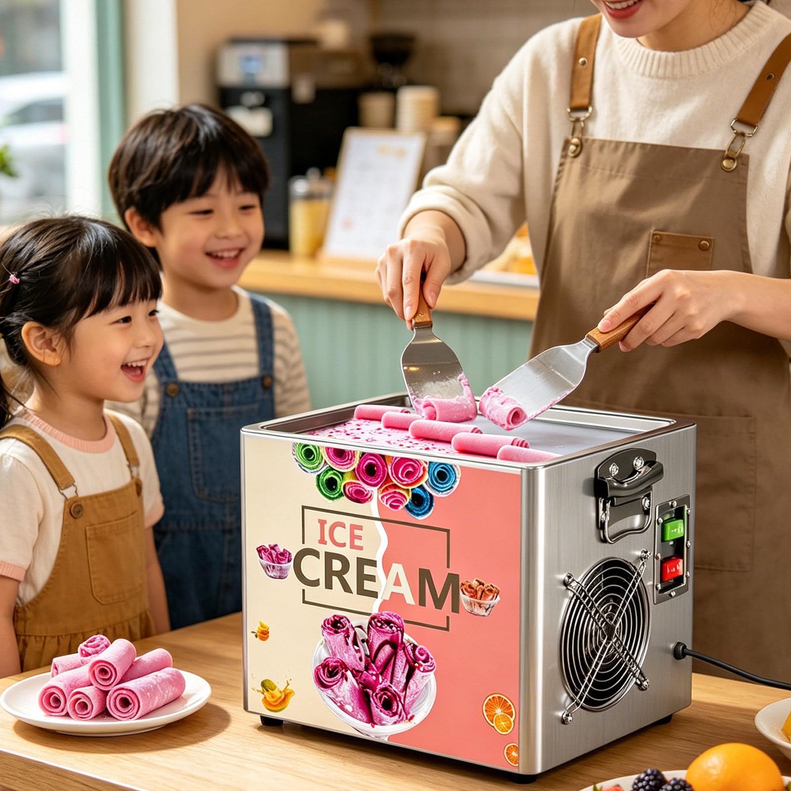 AETEREOS Electric Ice Cream Roll Maker, Commercial Rolled Frozens Yogurt Ice Cream Machine, Stainless Steel Stir-Fried 30x24cm Ice Pan, Yogurt Cream Machine for Bars, Cafes, Dessert Shops