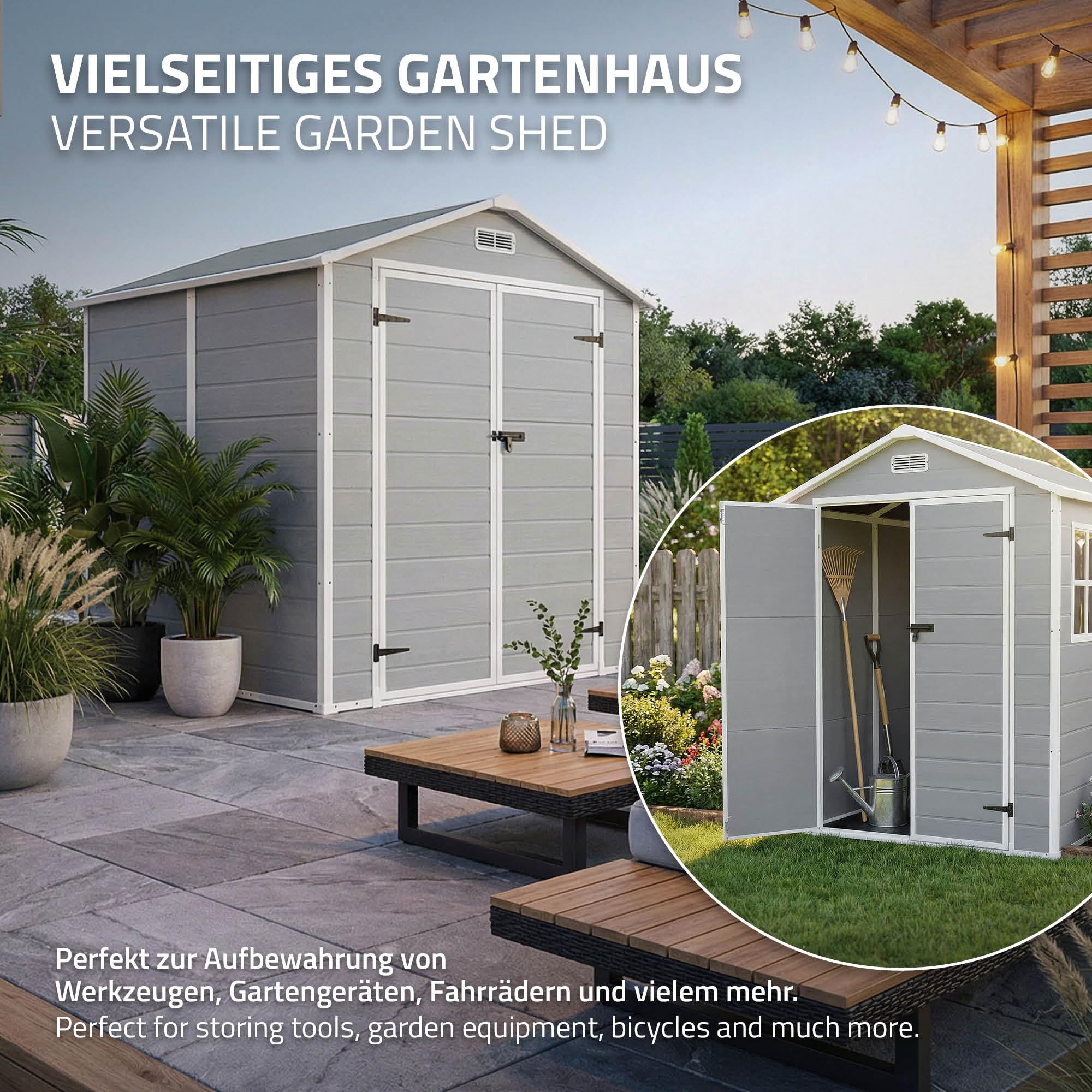 ECD Germany Caseta de Jardín con Suelo, 5m³ 151x182x220 cm Gris Claro, Cobertizo Exterior de Plástico para Almacenamiento de Herramientas, con Tejado en Dos Aguas, Puerta y Ventana de Ventilación - 5