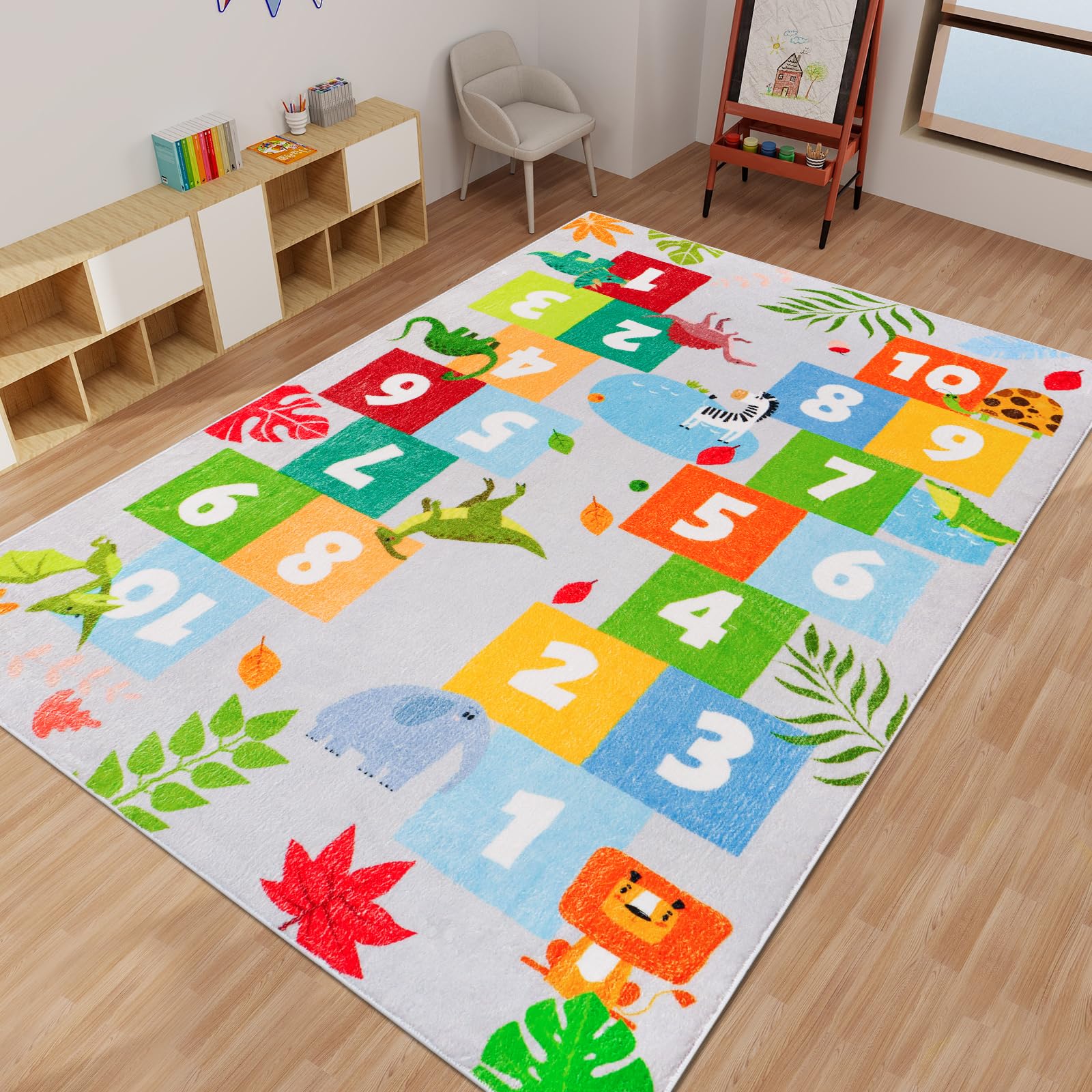 DINSUMRUG Animals and Dinosaurs hopscotch Rug,78.7X59 INCH hopscotch Kids Rugs for playroom,hop Scotch Inside Rug for Kids,Soft hopscotch mat Kids Room Rug for Bedroom Playroom Nursery,Grey