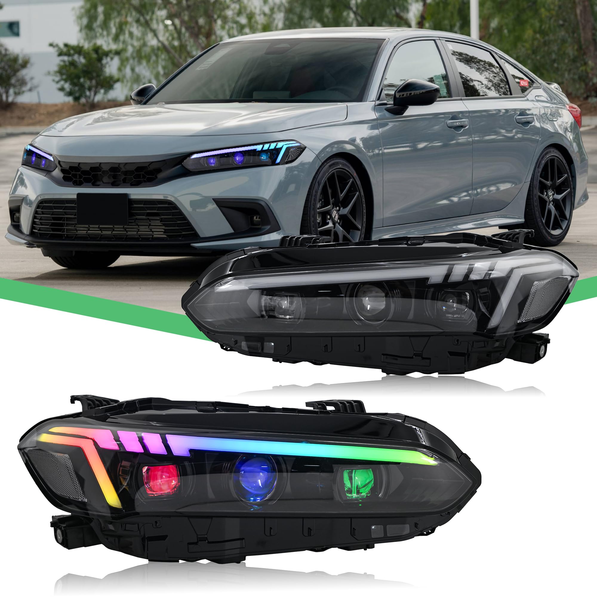 letsdate Projector Headlights Fit For 11th Gen Civic Sedan LX Sport EX Touring 2022-2025 w/Blue Animation w/Amber Sequential Turn Signal, Multicolor