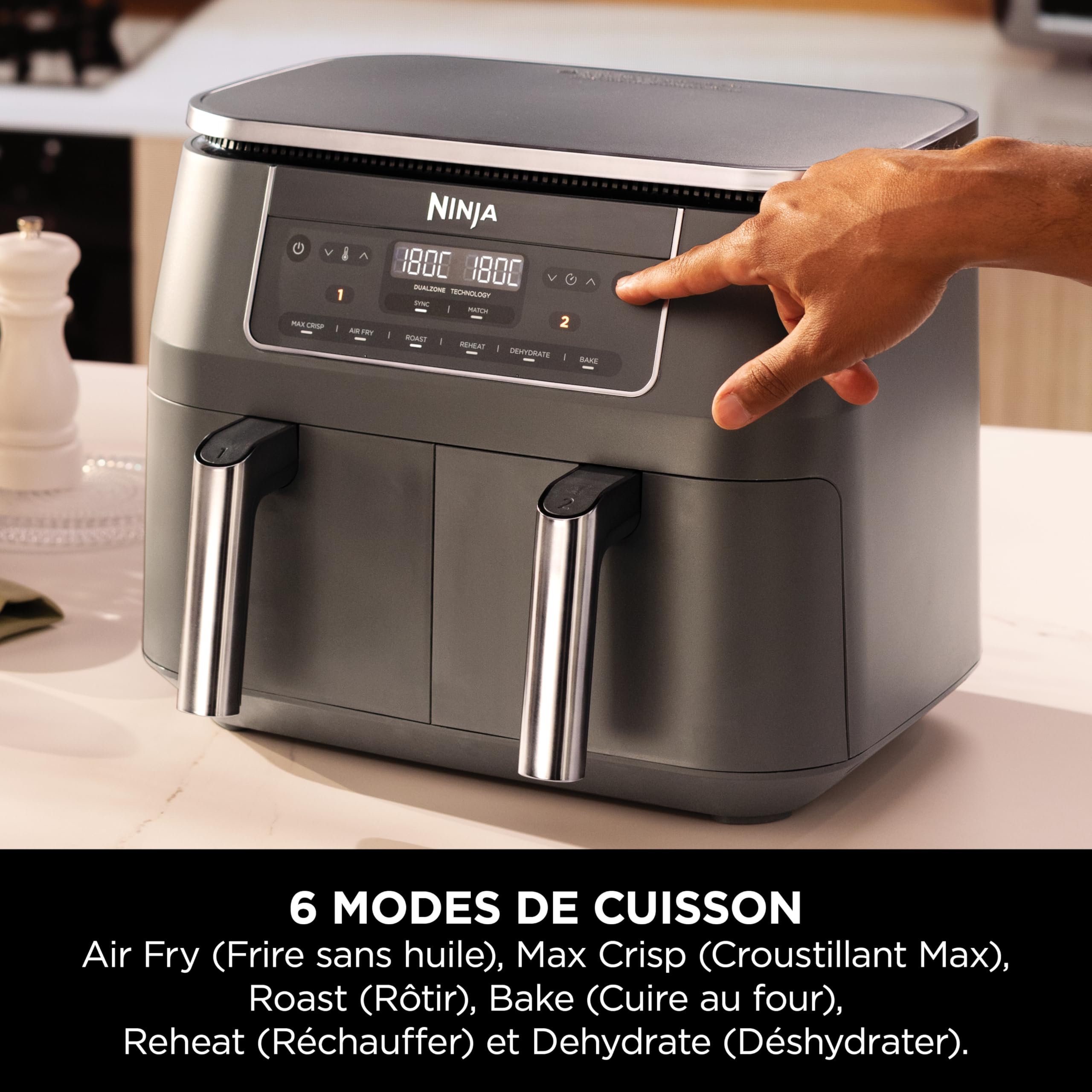 Ninja Air Fryer Dual Zone numérique, Friteuse à air électrique, 2 compartiments, 7,6 L, 6-en-1, Friteuse sans huile, Croustillant max, Rôtir, Cuire au four, Déshydrater, Réchauffer, Gris métal DZ300EU