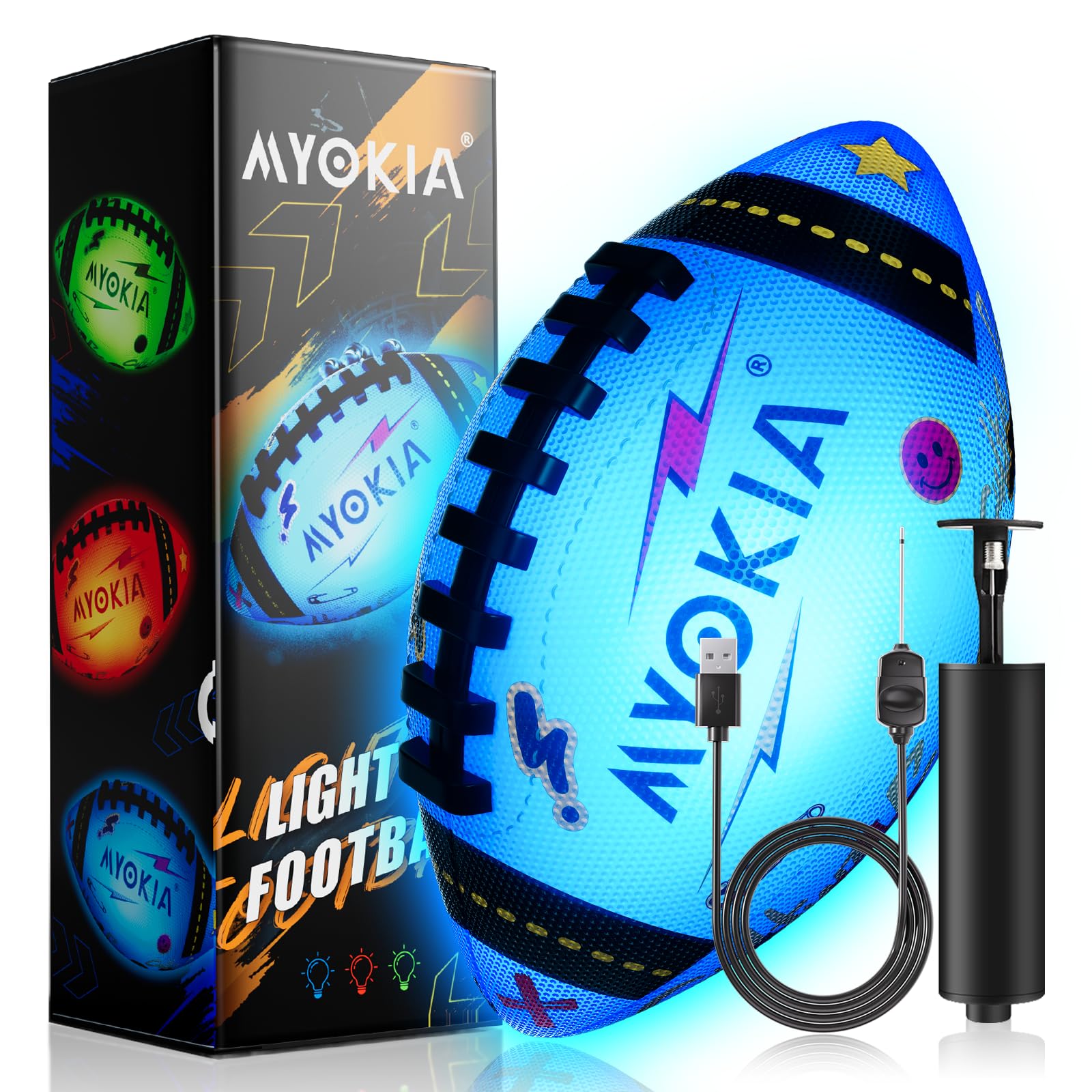 MYOKIA Rechargeable RGB Light Up Football Glow in the Dark Ball Size 6 | 3-15+ Birthday G…