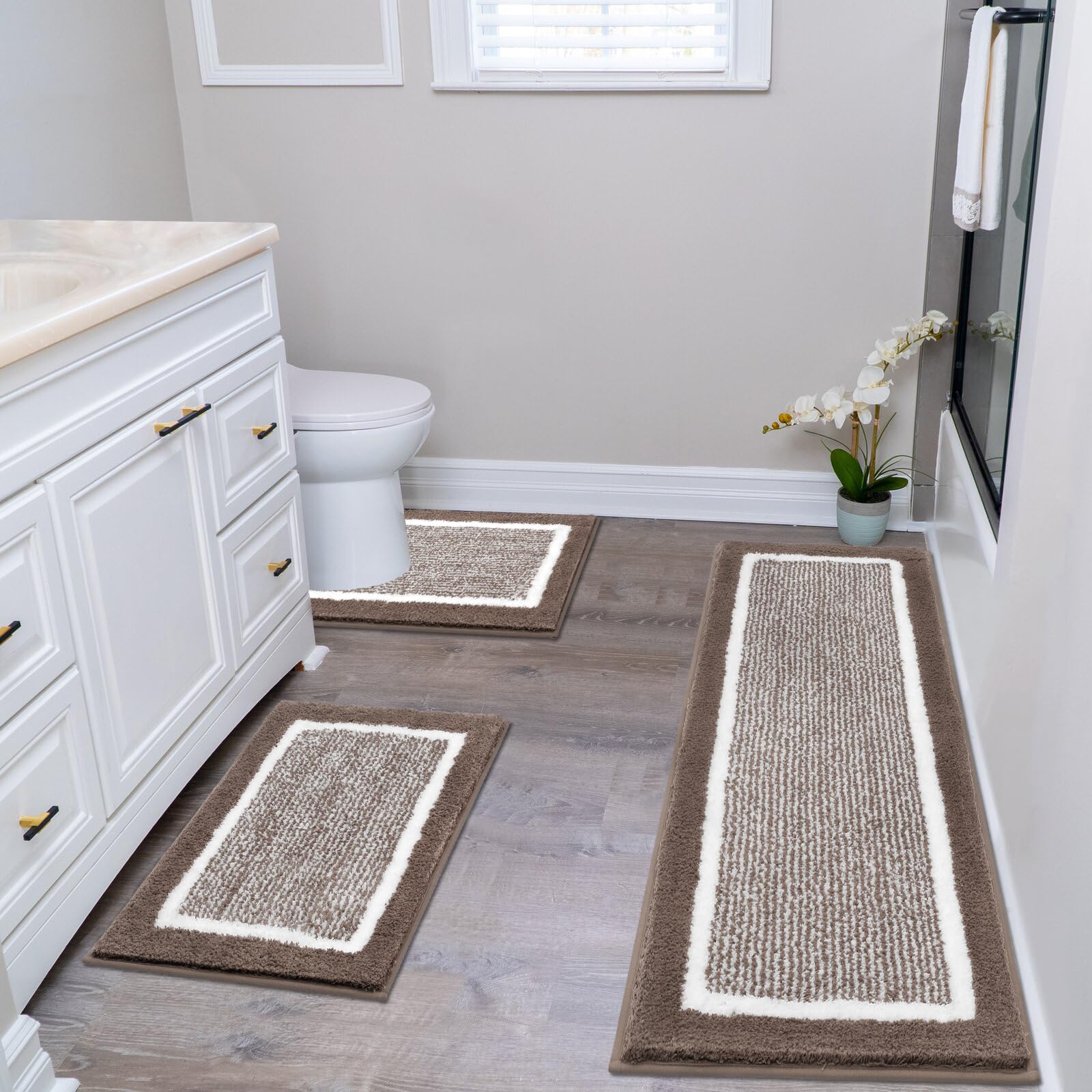 HEBE 3 Pieces Bathroom Rugs Sets Ultra Soft Bathroom Rugs and Mats Sets Non Slip Absorbent Bath Rugs with U-Shaped Toilet Rug for Bathroom Floor, Tub, Shower