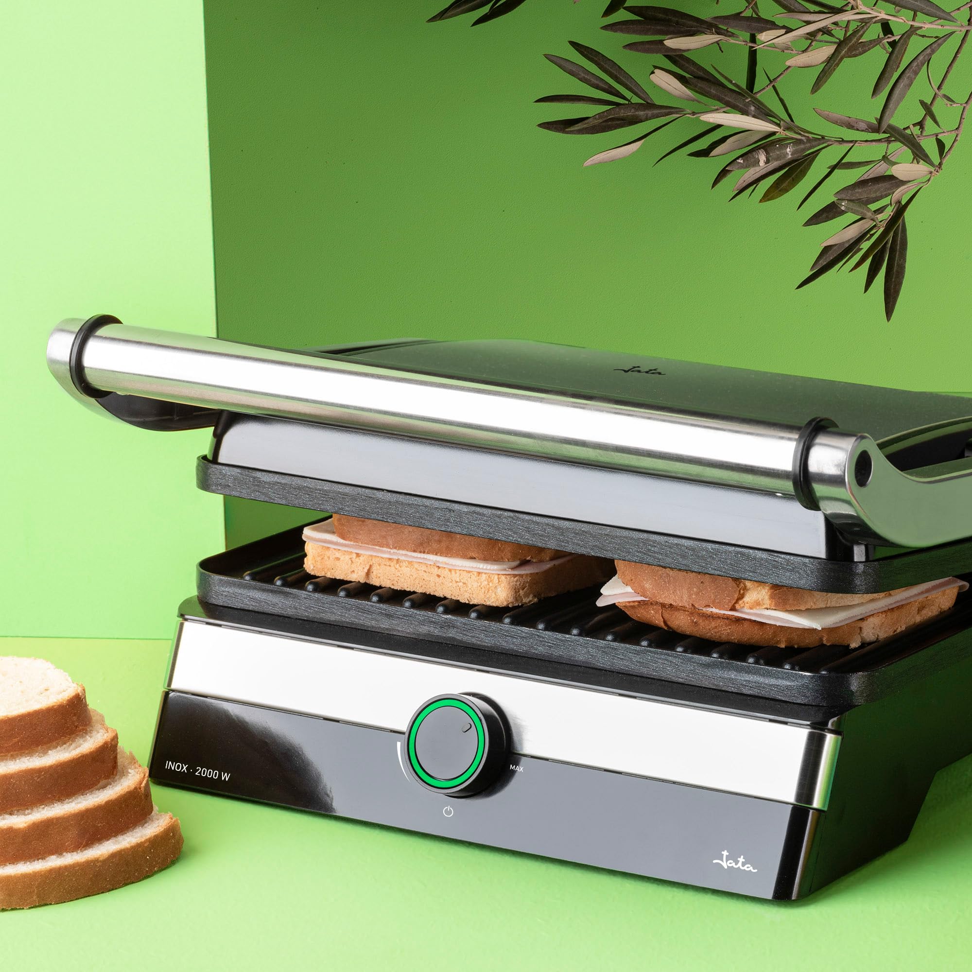JATA JEGR1596 - Parrilla Electrica y Grill con placas rayadas antiadherentes de 29 x 23,6 cm. 2000 W. Cocina todo tipo de alimentos. Apertura 180º. Tapa superior basculante. Bandeja recogesalsas
