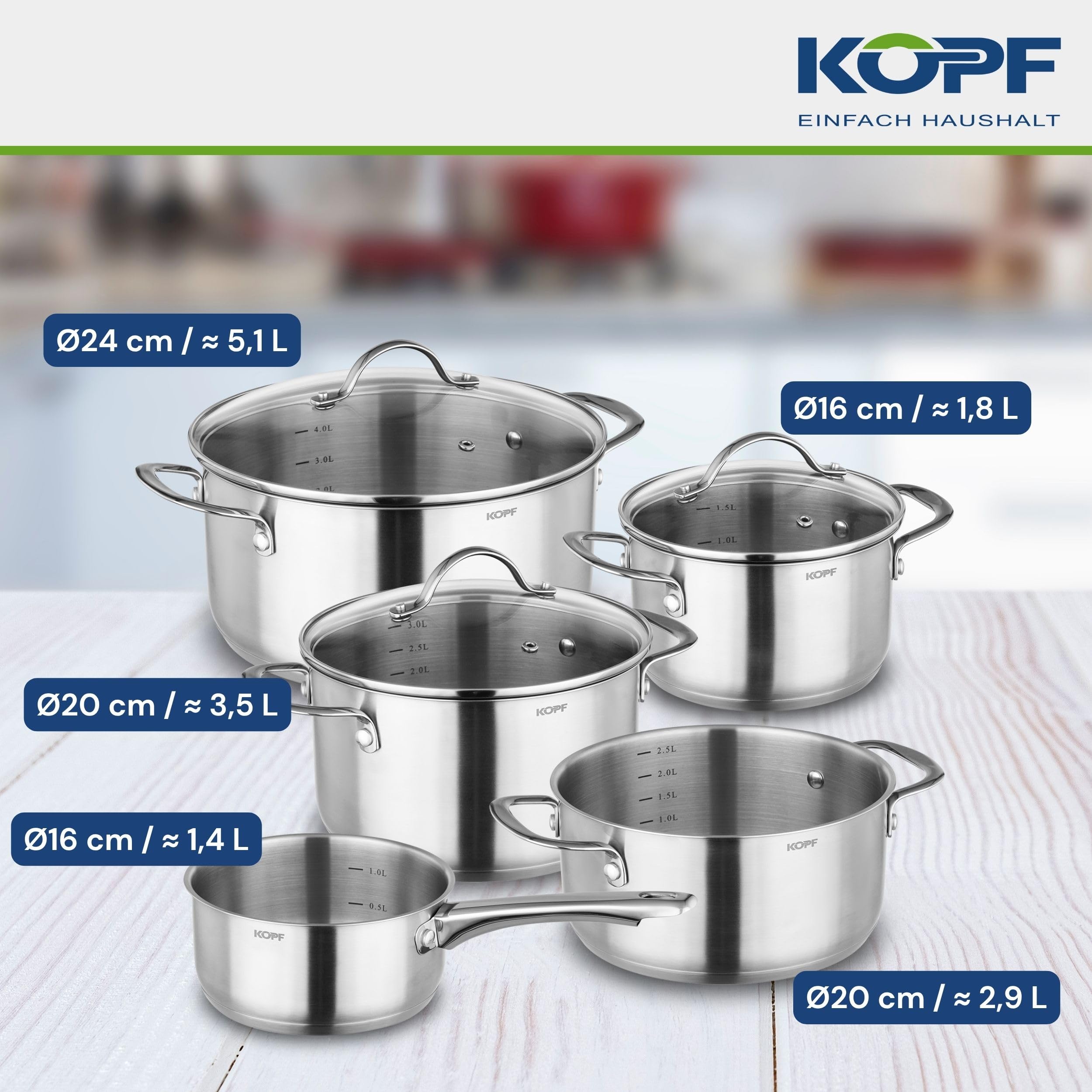 KOPF Topfset Induktion Clara 8-teiliges Kochtopf Set mit Edelstahl Töpfe | Backofen & Spülmaschinen geeignet | Topf Set für alle Herdarten | 4 Kochtöpfe, 1 Stielkasserolle, 3 Glasdeckel | Literskala