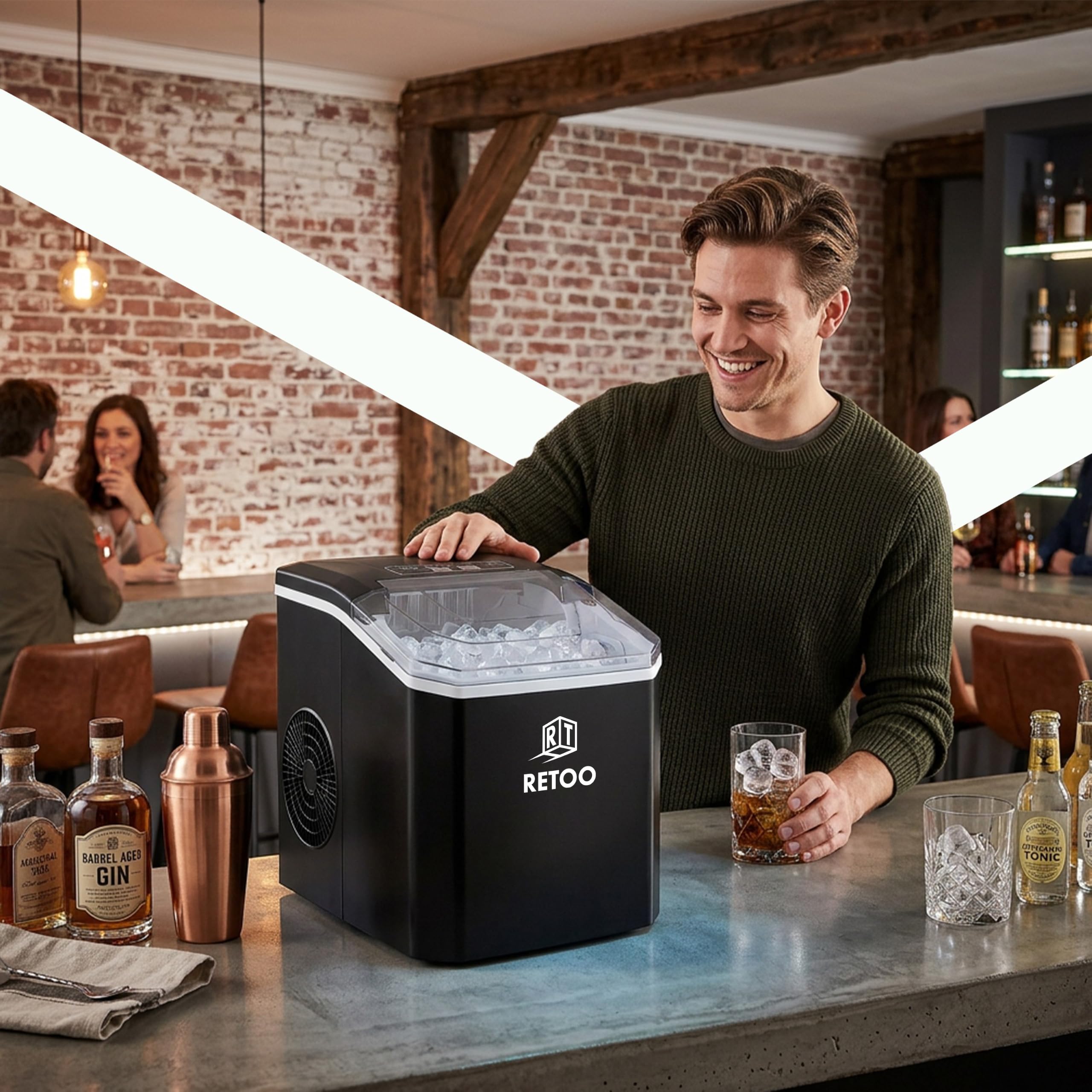 Retoo Eiswürfelmaschine 12 kg/24h, 9 Eiswürfel/6–12 Min | Selbstreinigung, 1,5 l , 2 Eisgrößen, Display, Wasserstandsanzeige, 0,7 kg Eisbehälter, 120 W