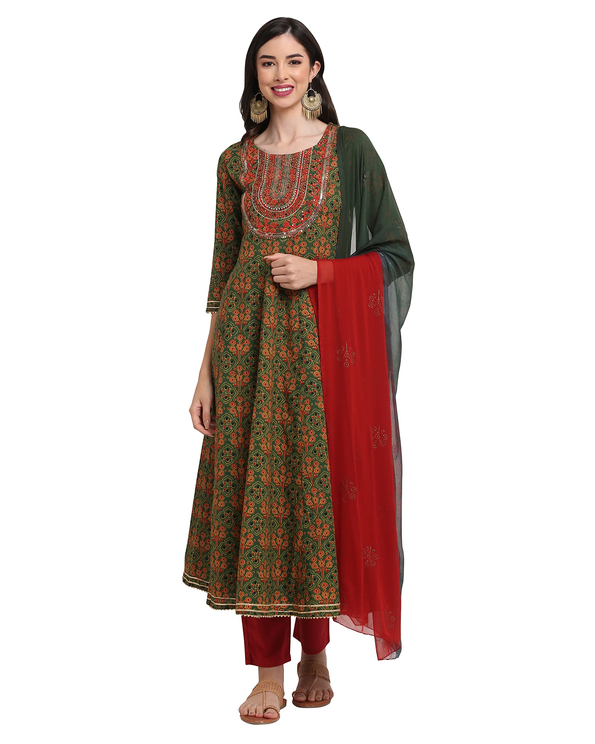 MoniraWomen's Pure Cambric Cotton Embroidered Kurta Set With Dupatta (Green & Red)