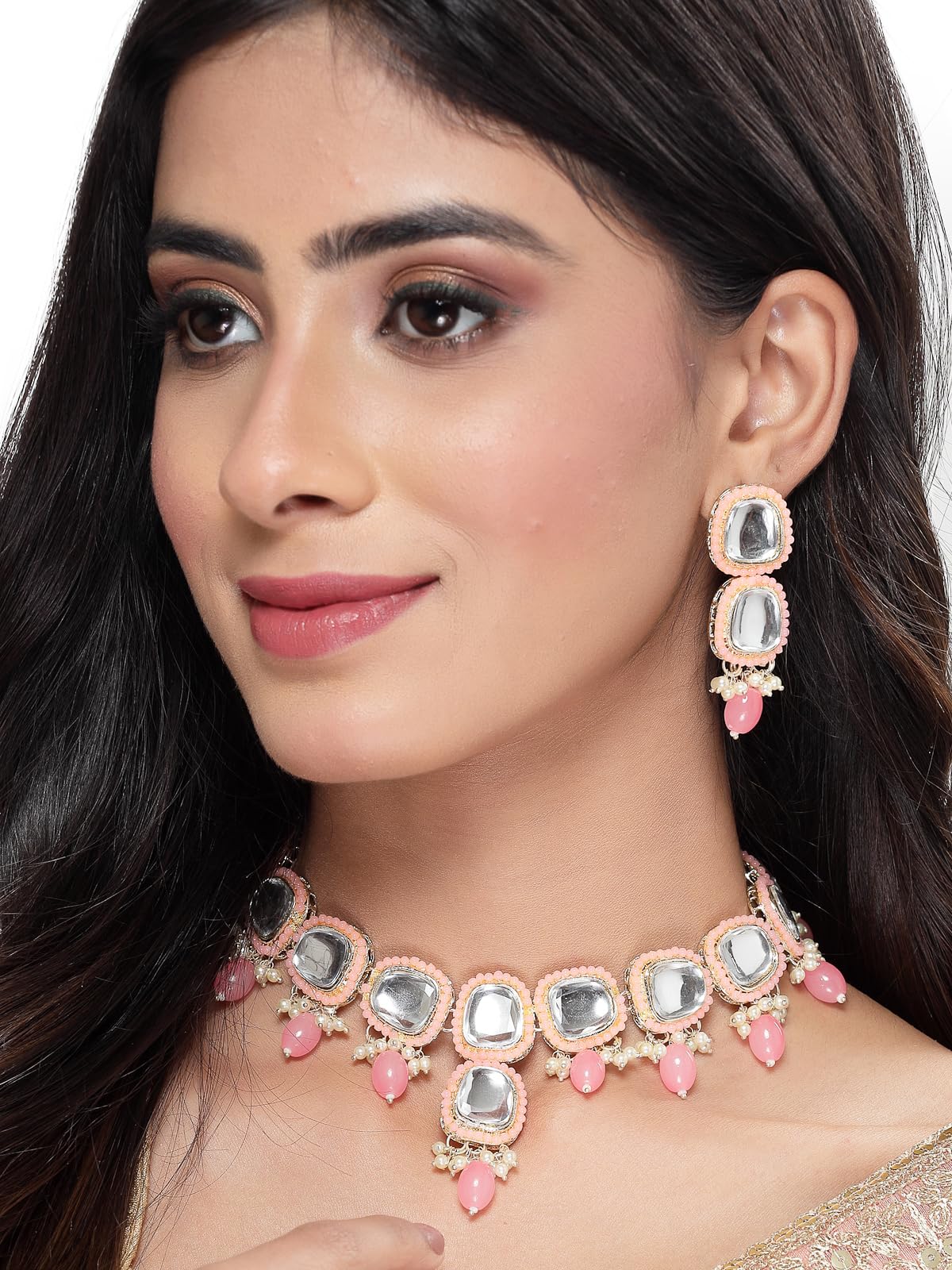 Kundan Studded Collar Bone Necklace Set With Earrings