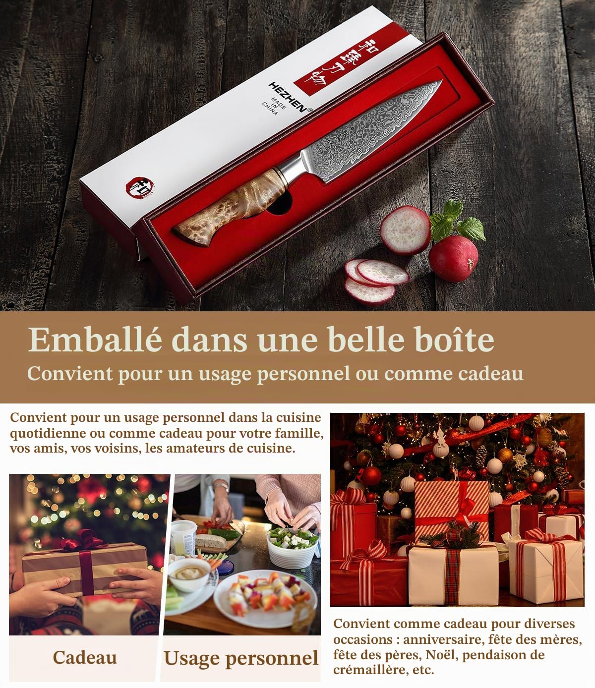 HEZHEN Couteau Universel, Acier Damas Couteaux D'office, Multifonctionnel Couteau à Fruits, Figured Sycamore Wood Handle