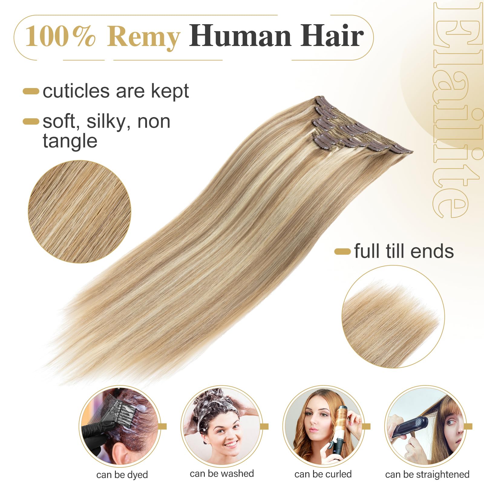 Elailite Extensiones de Clip de Pelo Natural Gruesas #12P613 Castaño Dorado Mecha Rubio Muy Claro, 8 Piezas Largas Cabello Humano 50cm (150g)