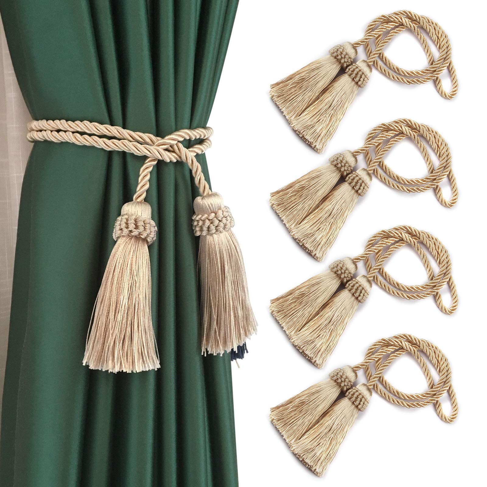 Fenghuangwu 2/4 Pack Curtain Tiebacks Handmade Decorative Curtain Holdbacks Rope with Tassel (Beige - 4P) โ image 1