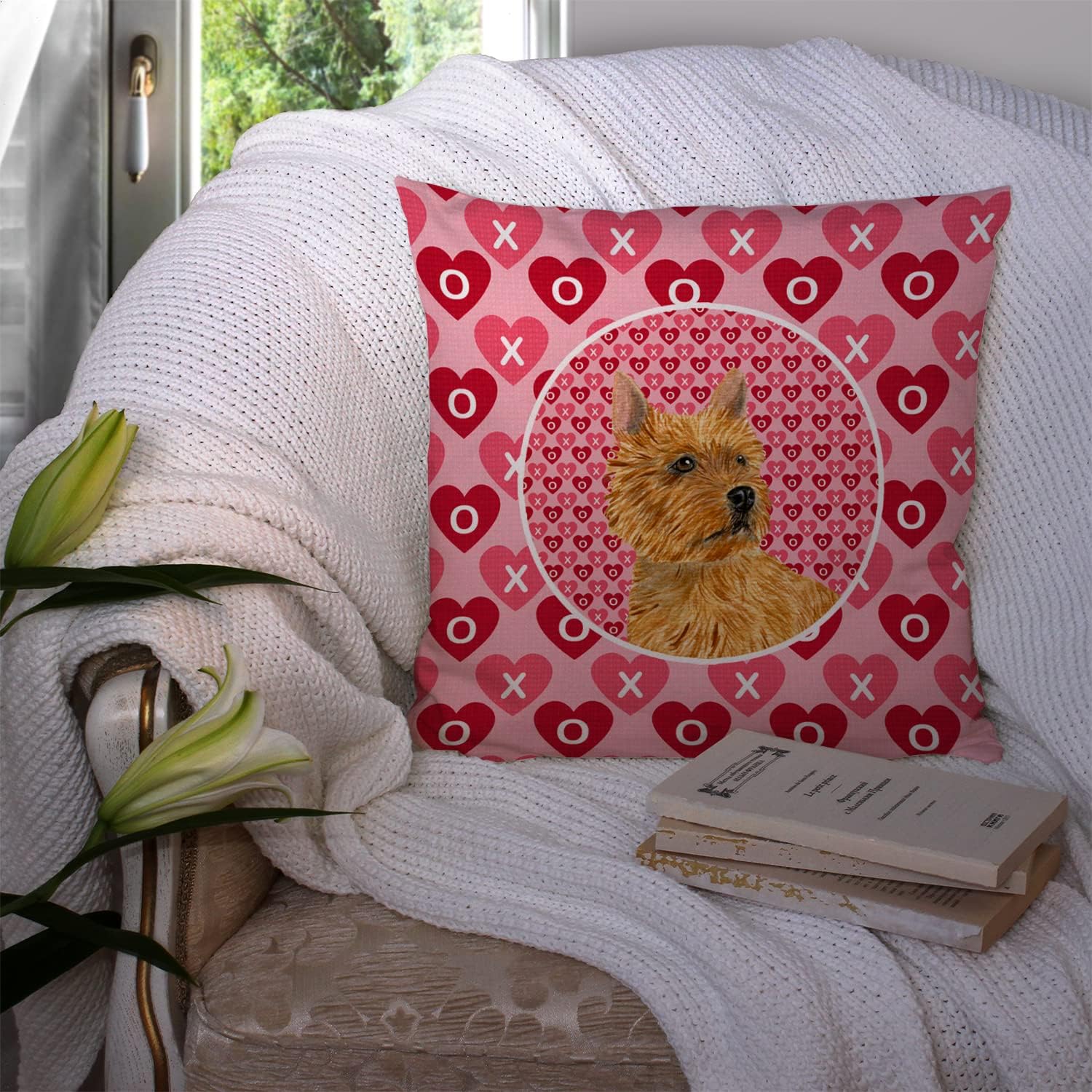 Caroline's Treasures SS4499PW1414 Norwich Terrier Hearts Love and Valentine's Day Portrait Fabric Decorative Pillow Machine Washable, Indoor Outdoor Decorative Pillow for Couch, Bed or Patio, 14Hx14W