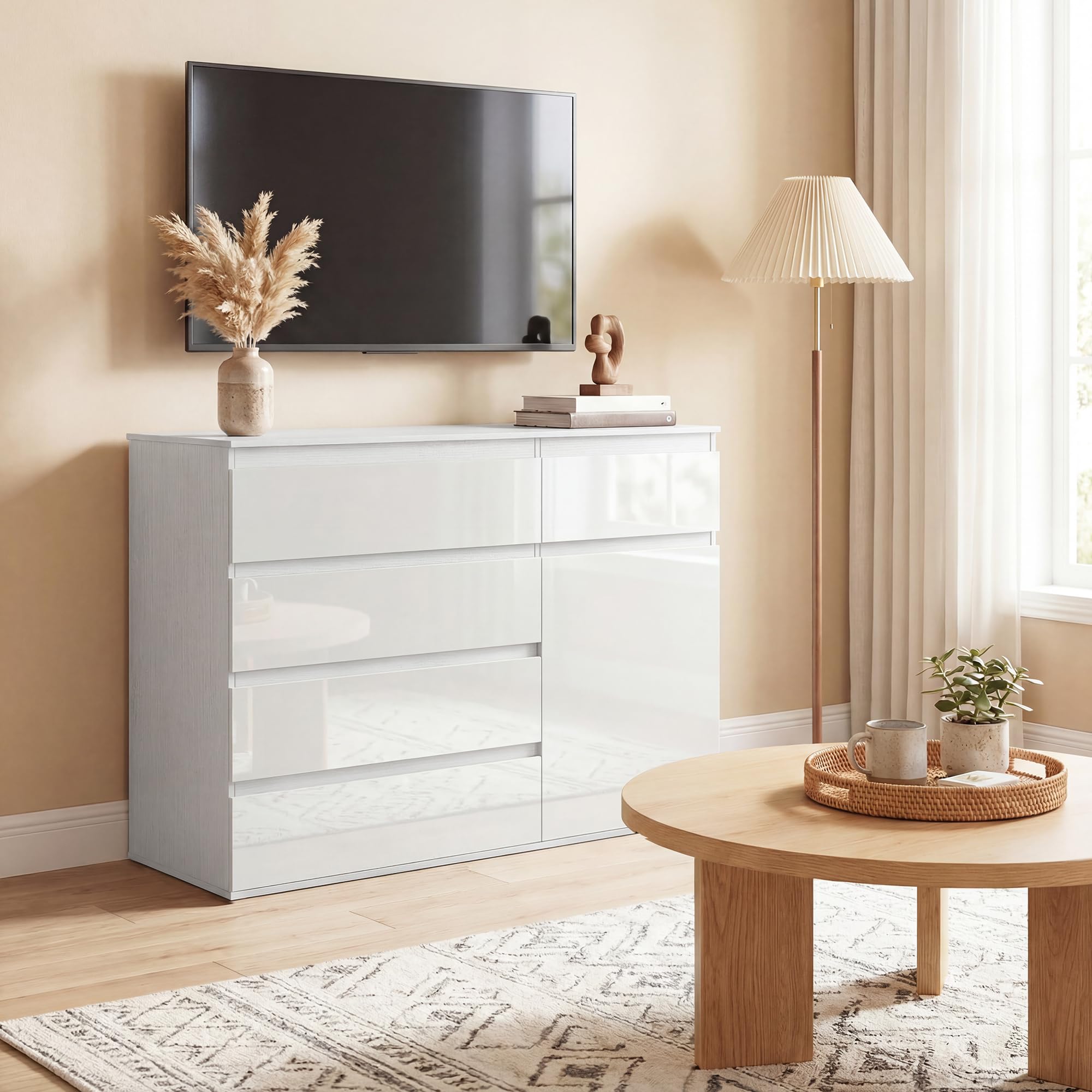 HOMCOM Cassettiera Camera da Letto 5 Cassetti, Como Camera da Letto Moderno con Ripiano Regolabile, Ante Soft-Close, Cassettiera Salvaspazio per Soggiorno Cameretta, 100x40x80 cm, Bianco Lucido