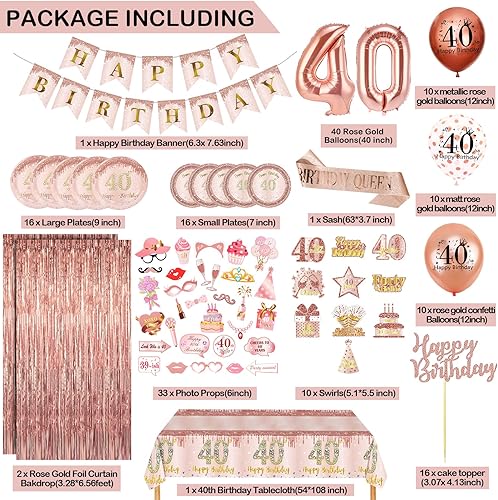 Miniatura 2 de Decoraciones de cumpleaños número 40 para mujer, juego de 127 piezas de suministros para fiesta de cumpleaños de 40 años, incluye pancarta de feliz