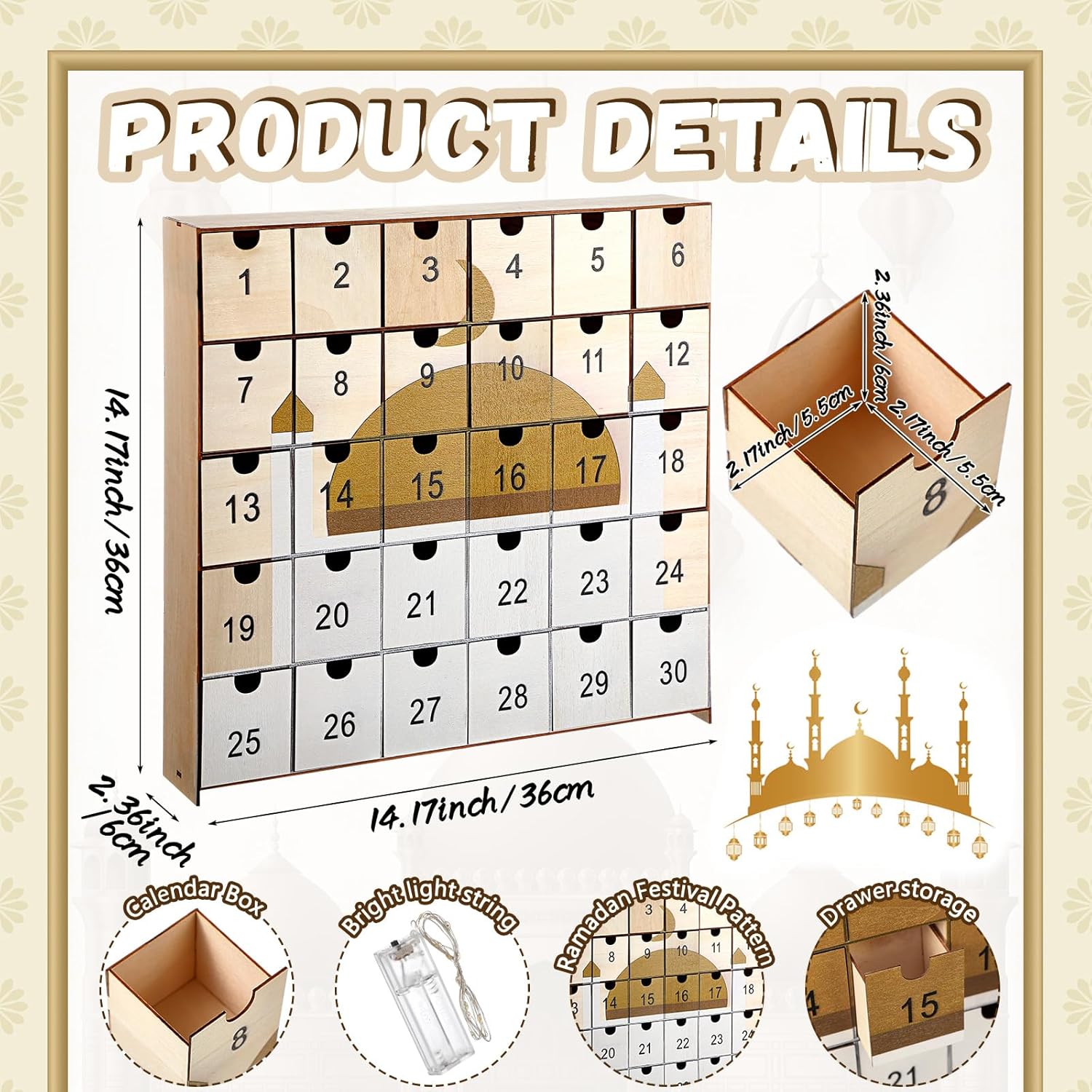 Ramadan Countdown Calendar Wooden Eid Mubarak Advent Calendar with 30 Pcs Drawer Muslim Ramadan Decoration for Home Fillable Islamic Art Gift Box Table Muslim Gifts Party Supplies