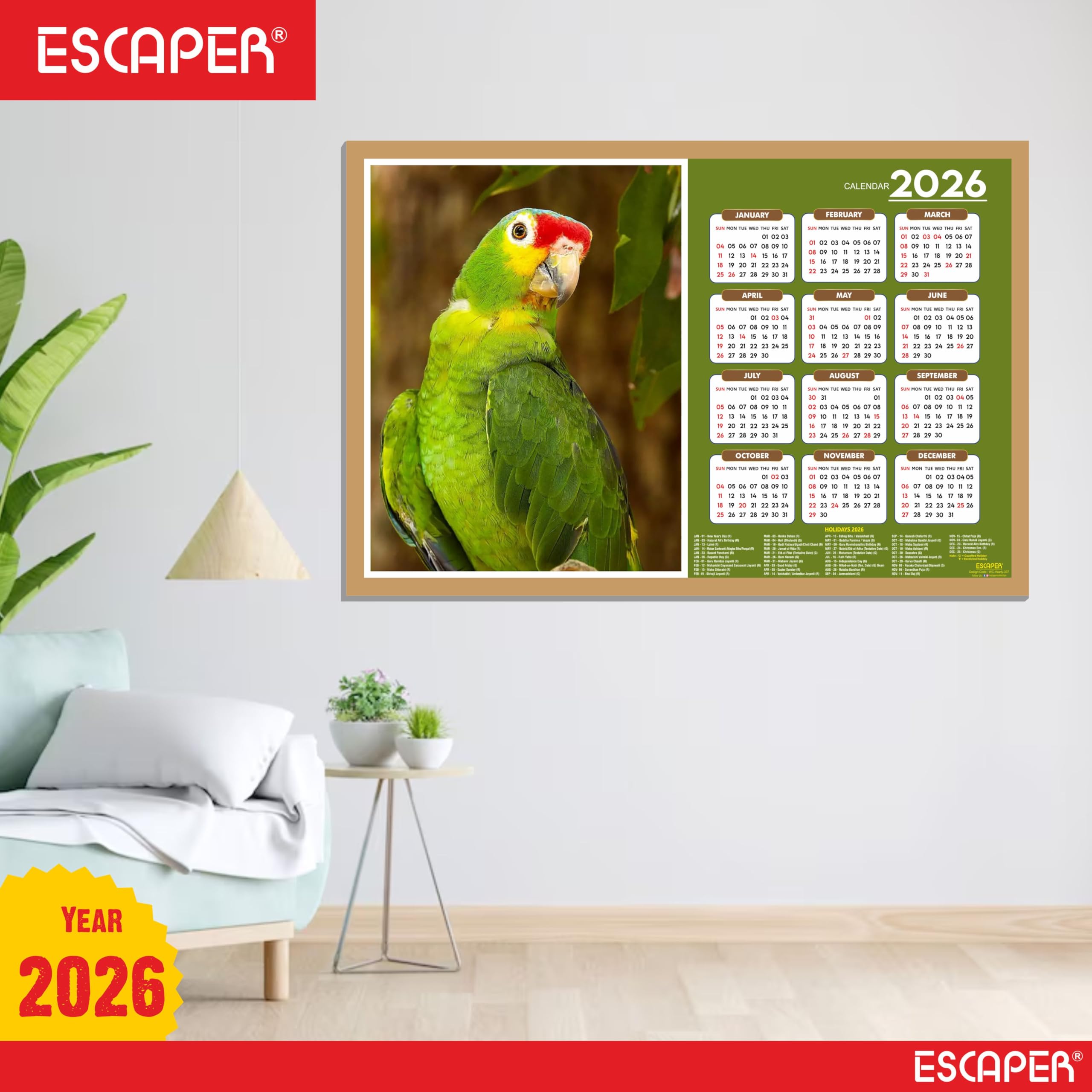 ESCAPER Calendario de pared 2026 con temática de pájaros lindos, 45 x 30 cm, loros verdes, decoración de habitación infantil, calendario colgante para el hogar y regalo