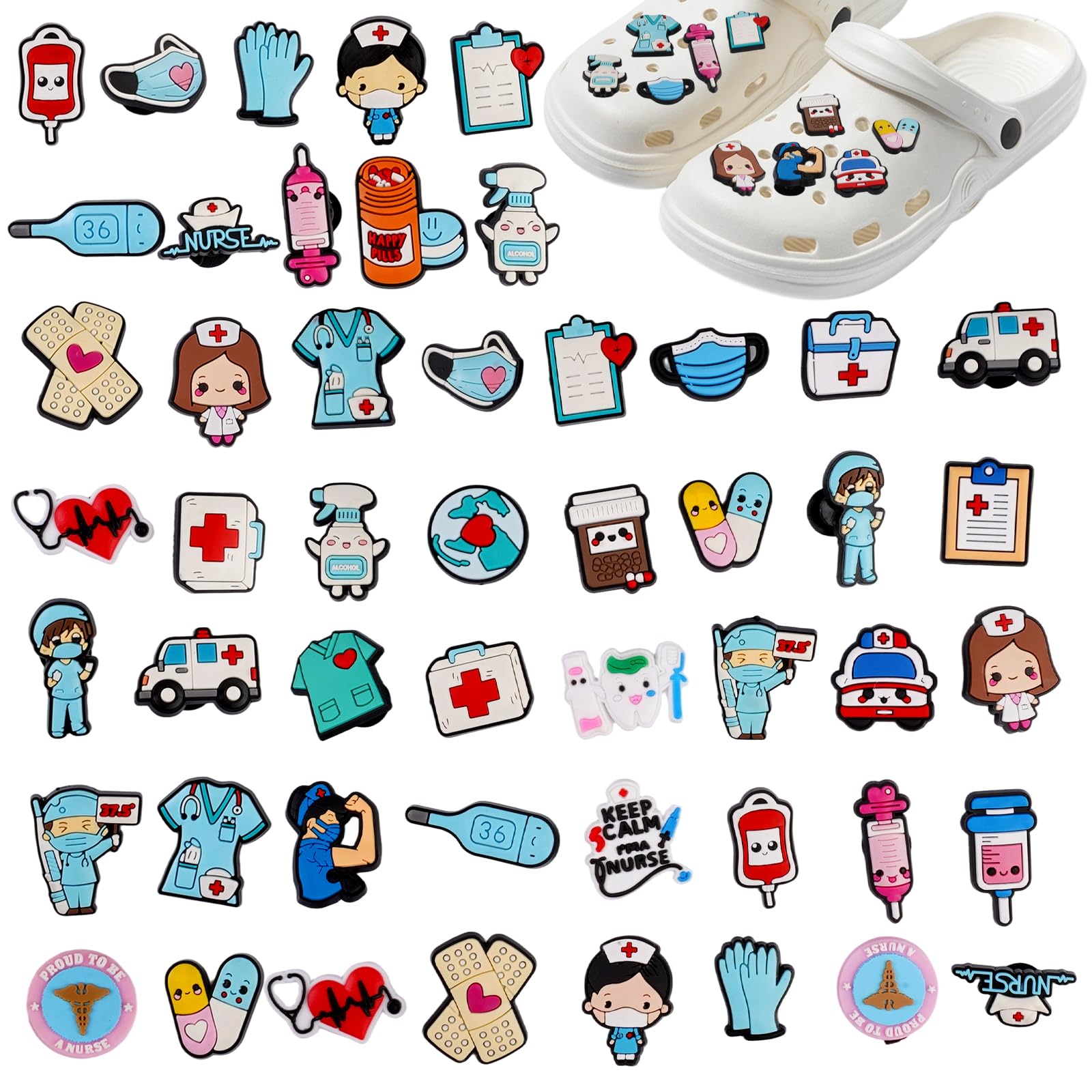 50 Piezas Adornos para Zapatos Enfermera Pins para Crocs, Charms Adornos para Zapatos, Decoración de Zapatos de Dibujos Animados, Shoe Charms de PVC, para Médicos Enfermeras Niños Adultos Niñas