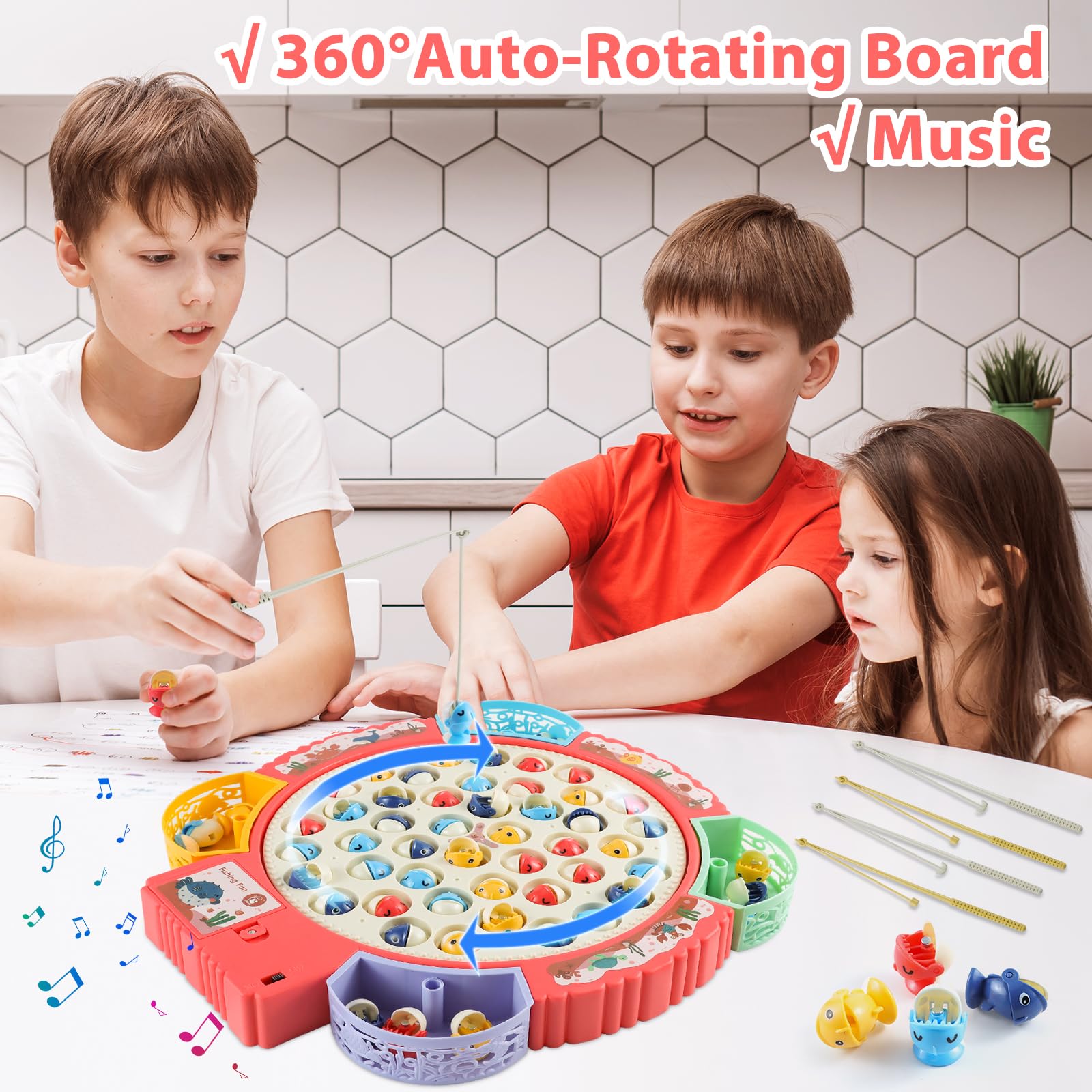 Jeux de Pêche Électriques, Jeu de Pêche à la Ligne avec 55 Poissons et 8 Cannes à Pêche, Jouet de Pêche Musical avec Plateforme, Jeu Magnétique Cadeau pour Enfant Garçons Filles 3-6 Ans