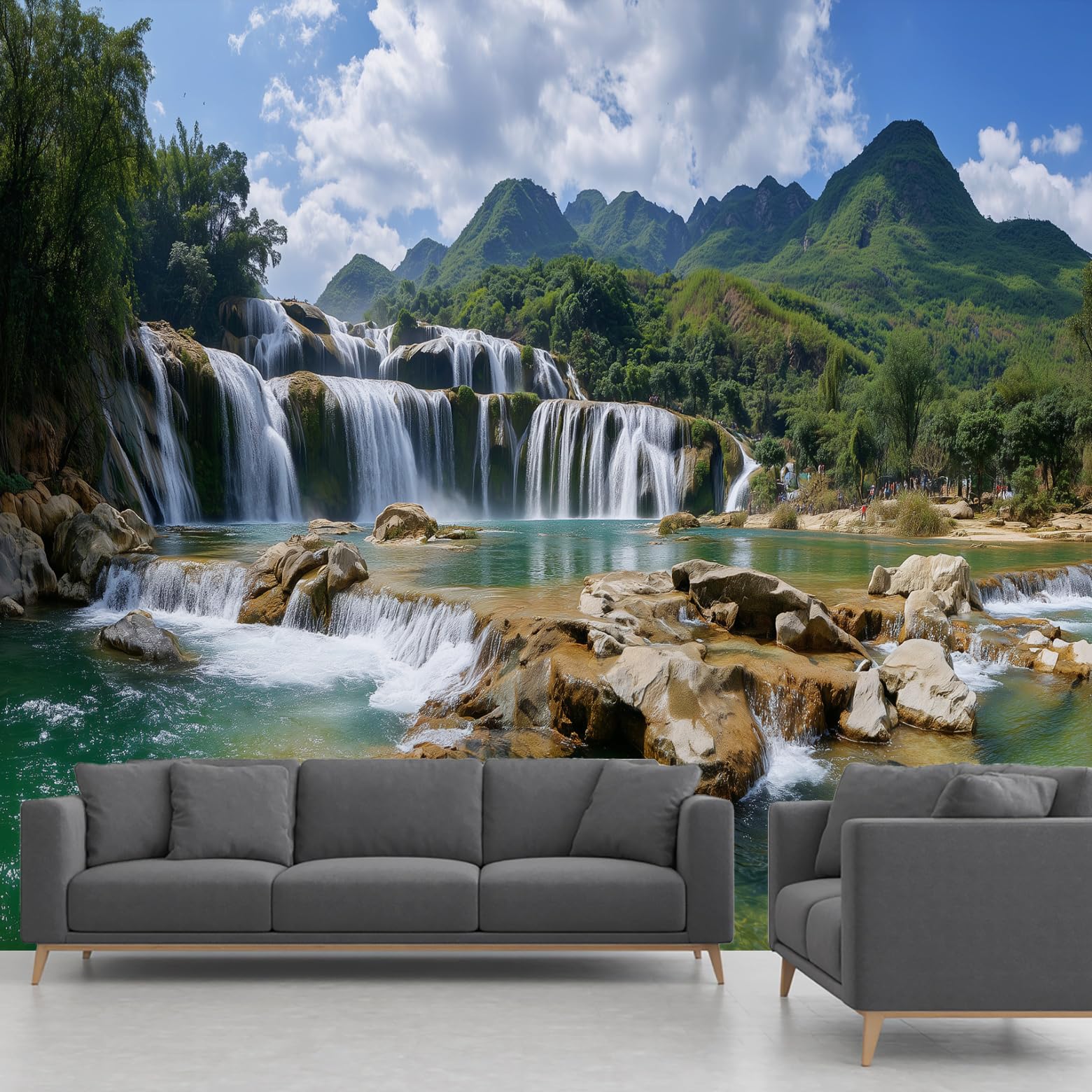 Waterfall Landscape Wallpaper, Mountain Lake Forest Tree Natural Scenery Mural, Panoramic Wall Mural for Bedroom Living Room Hallway Restaurant Home Decoration – 250x175 cm Wall Paper