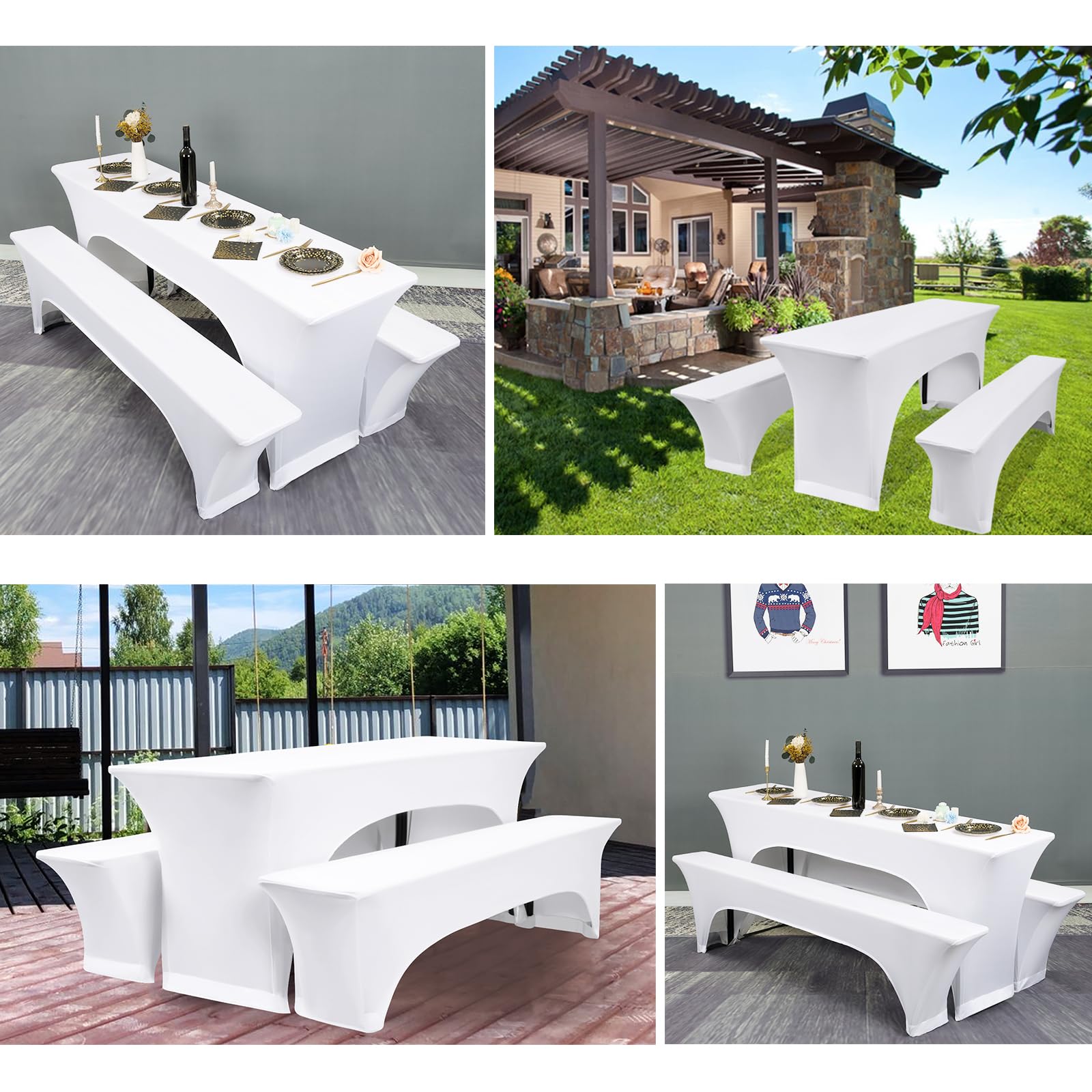 3er-Set Elastische Biertischhussen,Weiß Elastische Wasserdicht Bierbankhusse und Tischdecken,50 cm Tischbreite,Wasserdicht Bierzeltgarnituren 220 x 50 x 70 cm, für Bankett Gartenmöbel Abdeckungen.