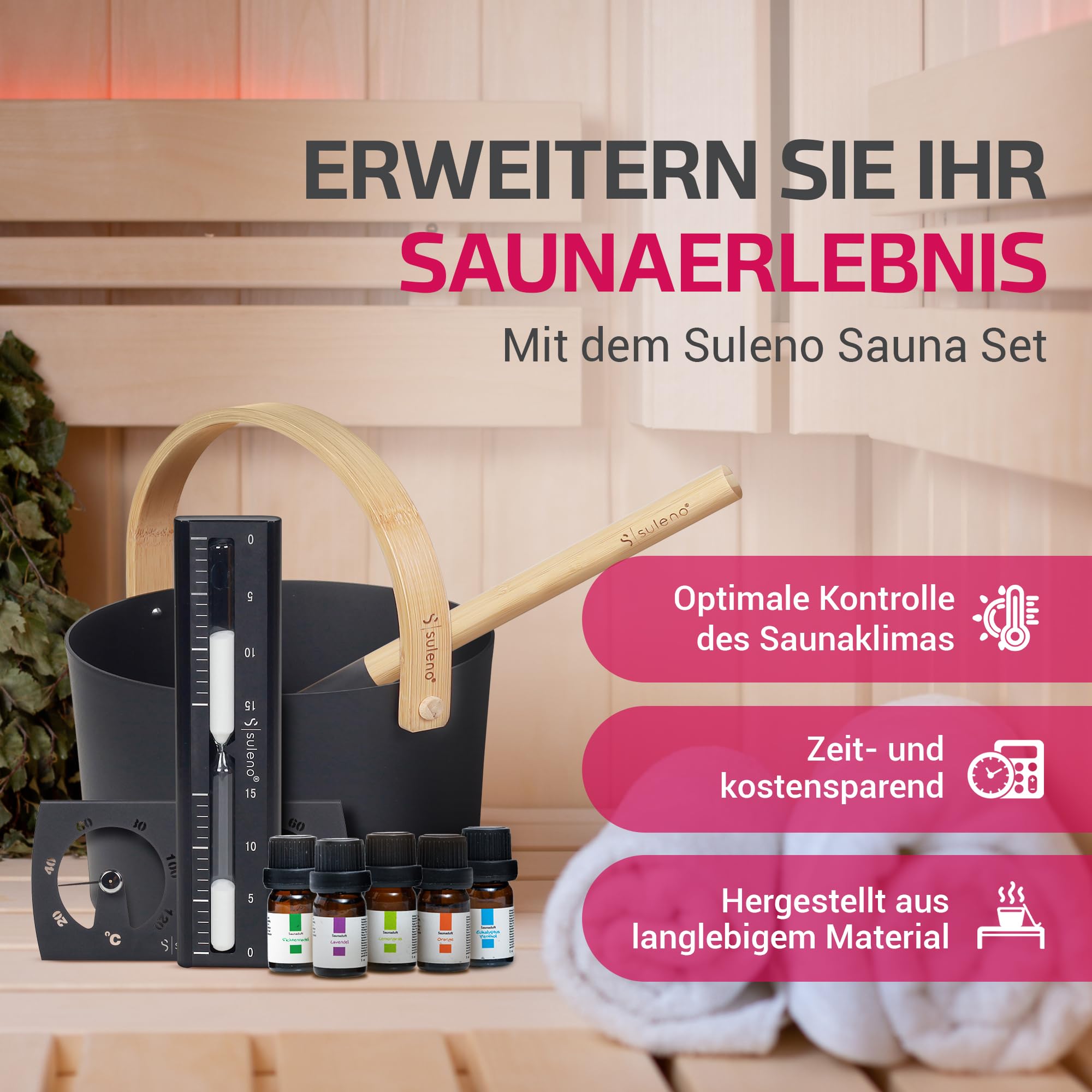 SULENO Saunazubehör-Set KJELL 9-teilig, inklusive Aluminium-Aufgusskübel & | Schöpfkelle mit Bambusgriff, Sauna-Thermometer & Hygrometer, Sanduhr & 5 Saunaöle
