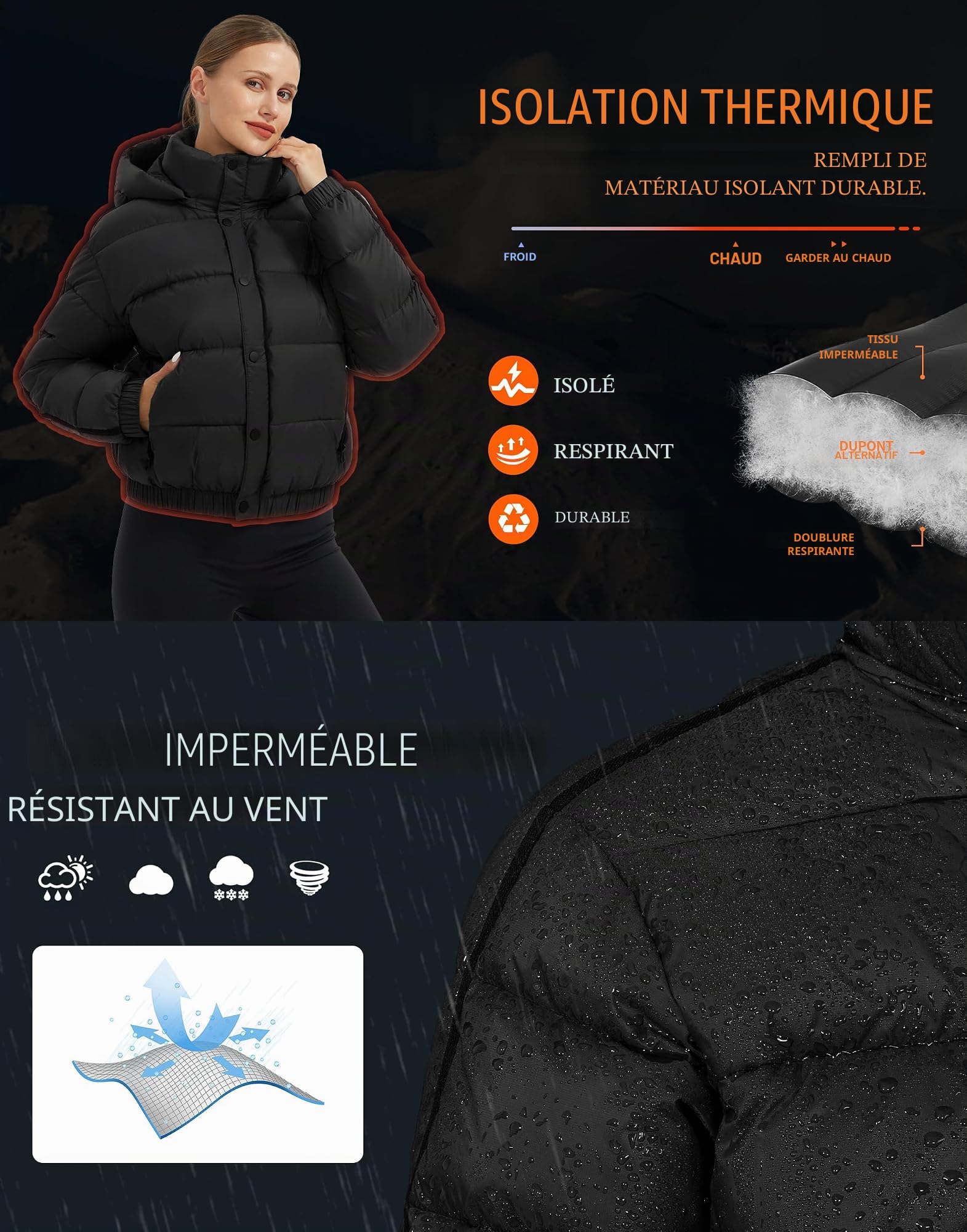 Pioneer Camp Veste d'hiver pour femme, 3/4, épaisseur moyenne, courte, imperméable, avec capuche