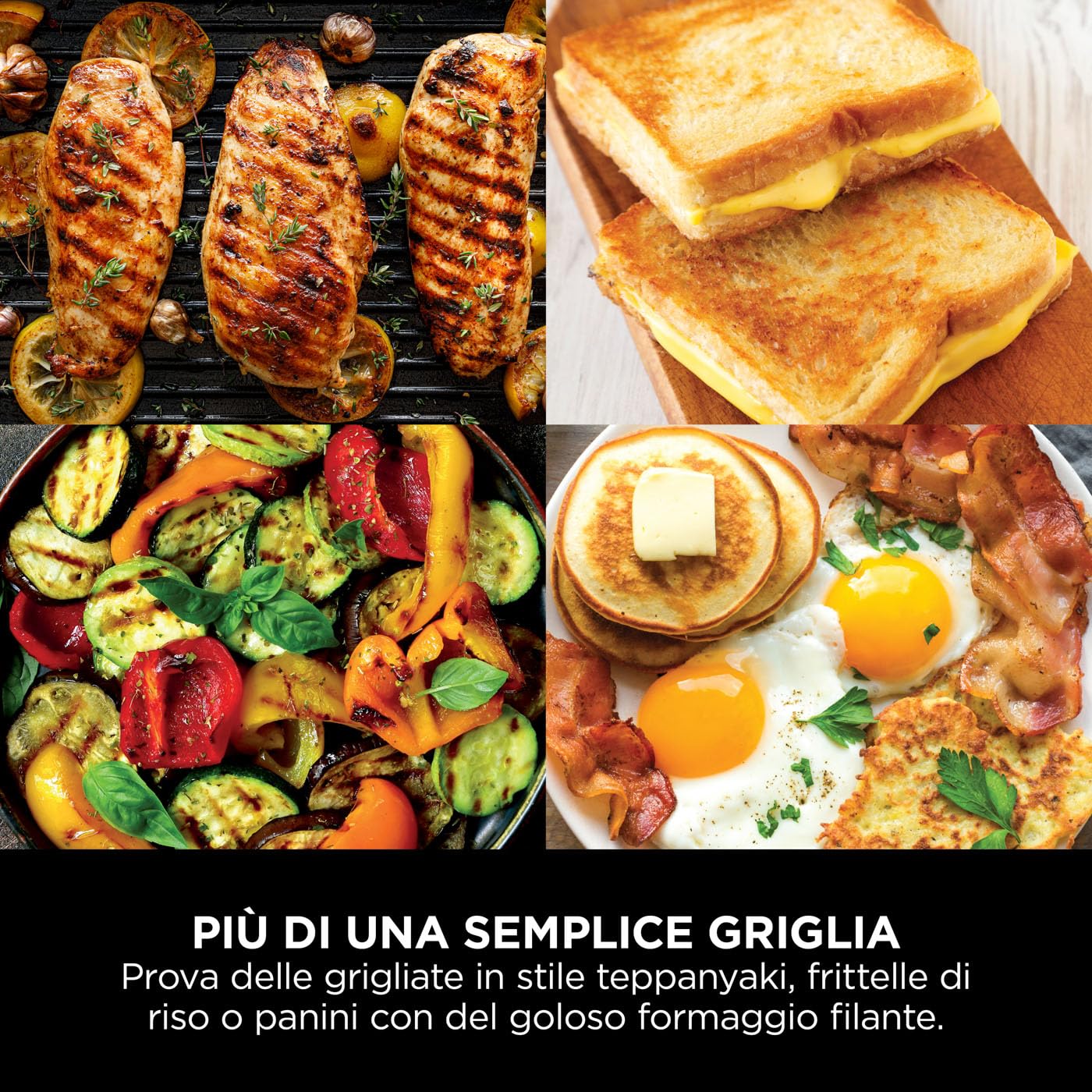 Ninja Sizzle Griglia Elettrica e Piastra Antiaderente per Interni, Coperchio Rimovibile Lavabile in Lavastoviglie, Vaschetta Raccogli Grasso, Manopola per Temperatura e Ricettario, Grigio GR101EU