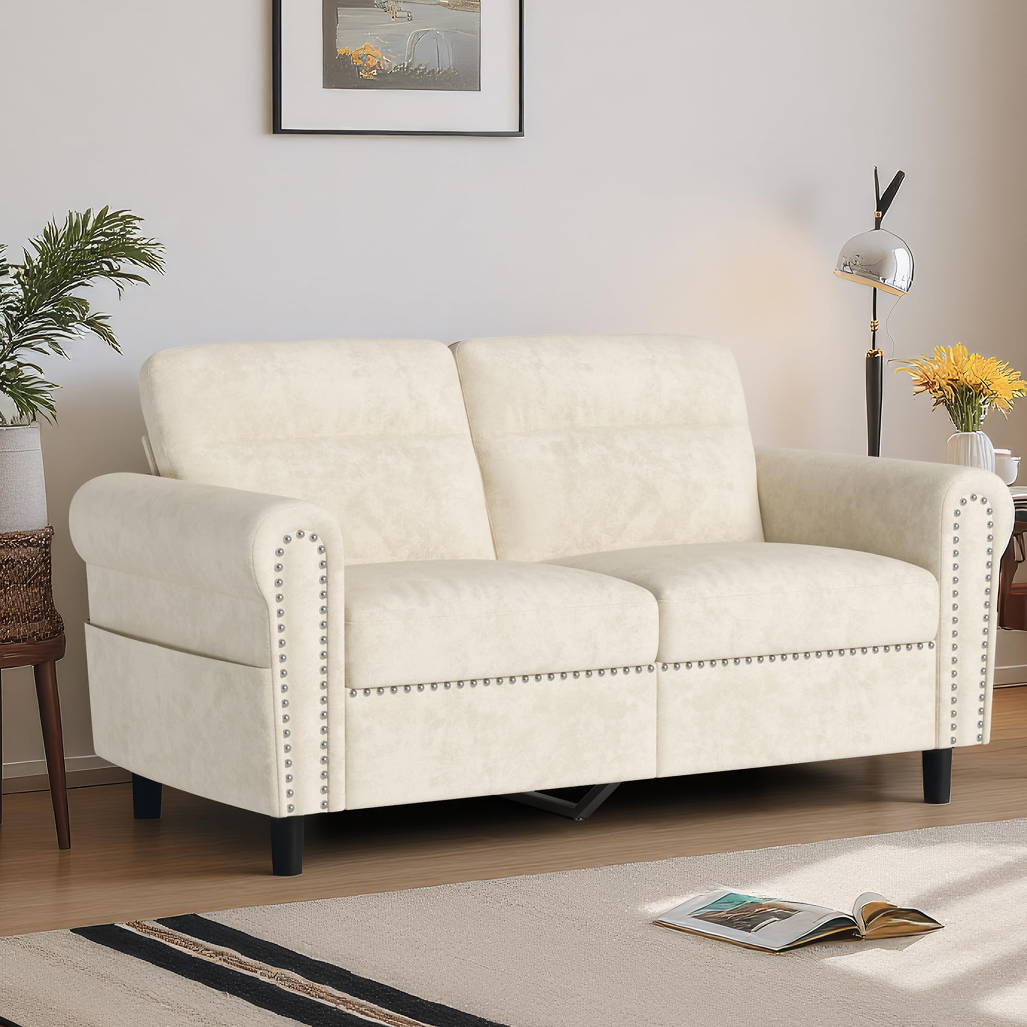 Sofá de 2 Plazas, Loveseat con Bolsillo Lateral, Sofá de Dos Plazas con Cojines Extraíbles para Salón, Dormitorio, Oficina, 152 x 76 x 84 cm (Beige)