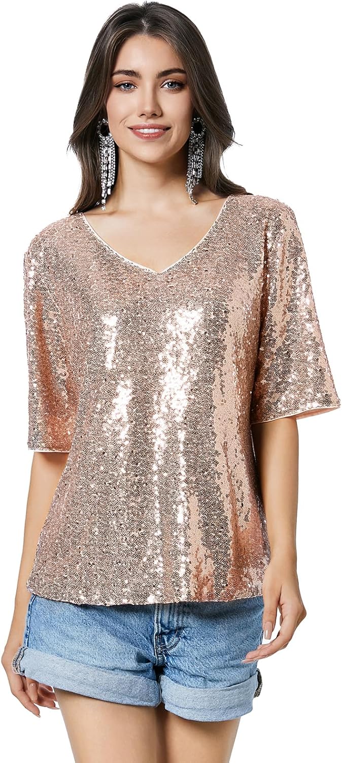 Women’s Sequin Tops Glitter V Neck Loose Summer Shirt Half Sleeve Sparkly Disco Party Plus Size Tunic Blouses - Image 2
