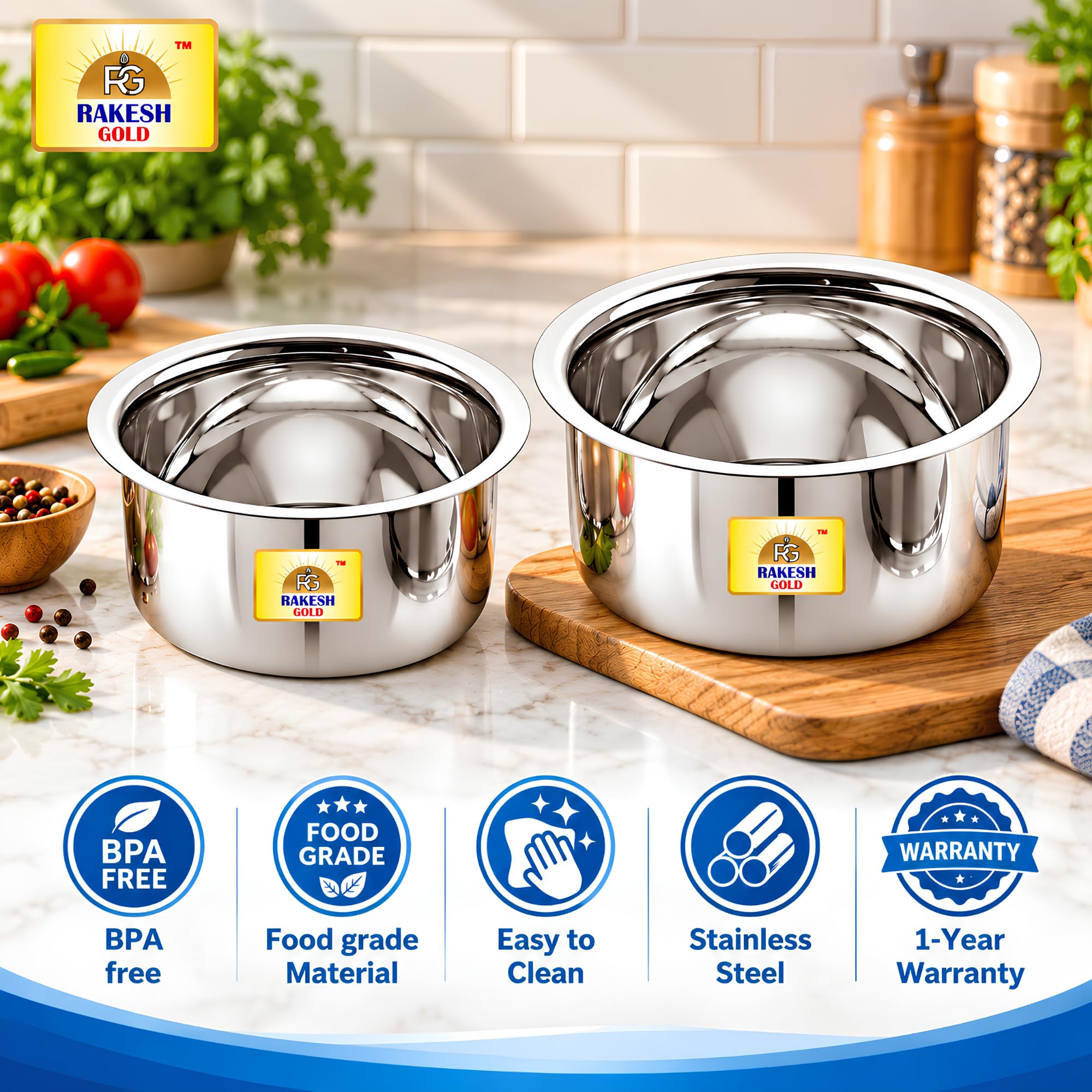 Rakesh Gold Stainless Steel Gunj Set - 2 Pots -5