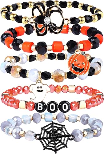 Miniatura 1 de Juego de pulseras de cuentas de Halloween, calabaza, araña, fantasma, encantos, pulseras elásticas para Halloween