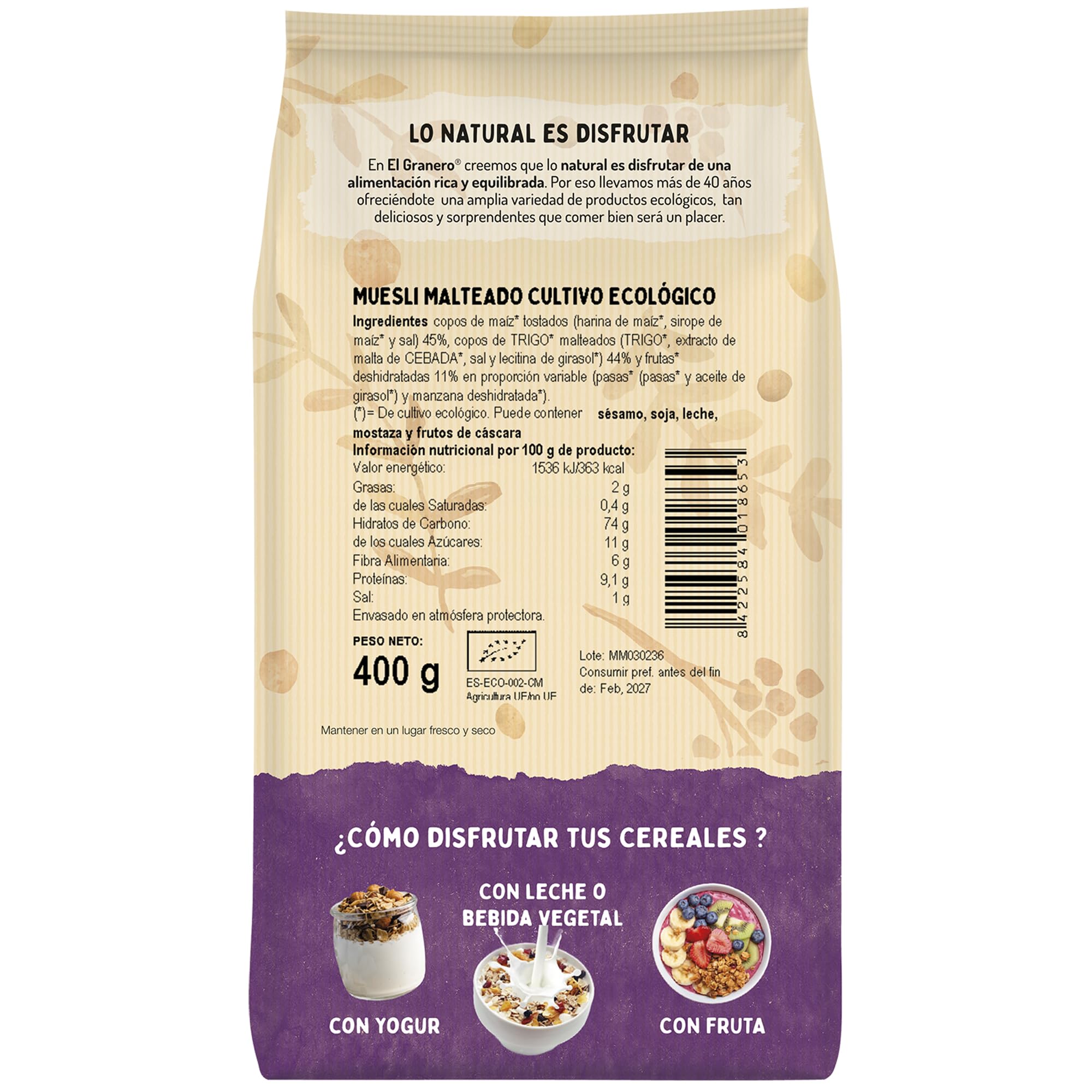 El Granero Integral - Muesli Malteado BIO -400 g - Fuente de Fibra y Nutrientes Esenciales - Bajo Índice Glucémico - Ideal para el Desayuno - Apto para Veganos