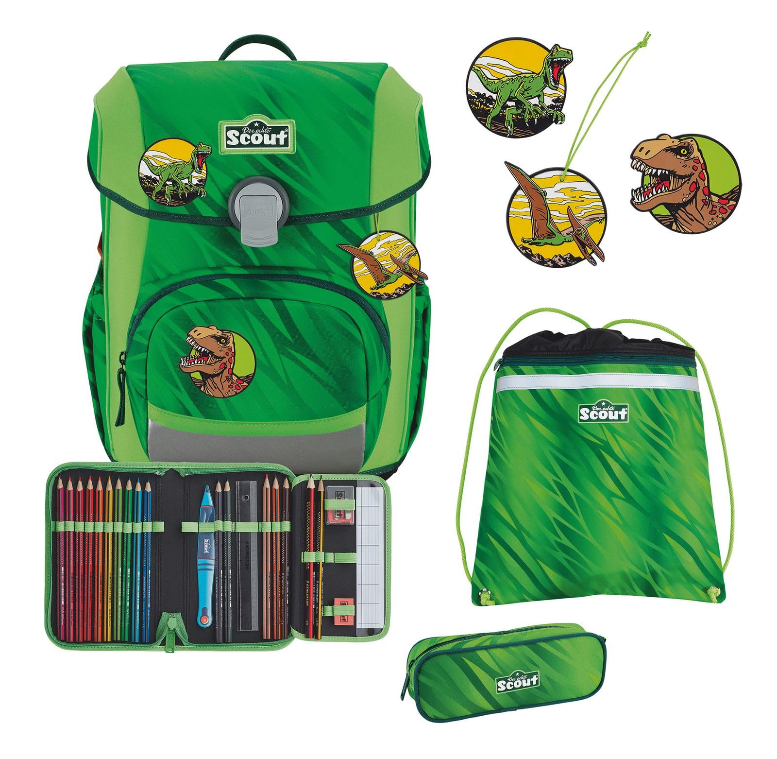 SCOUT Schulranzen Basic Neo Set 4-teilig Dino Rex grün
