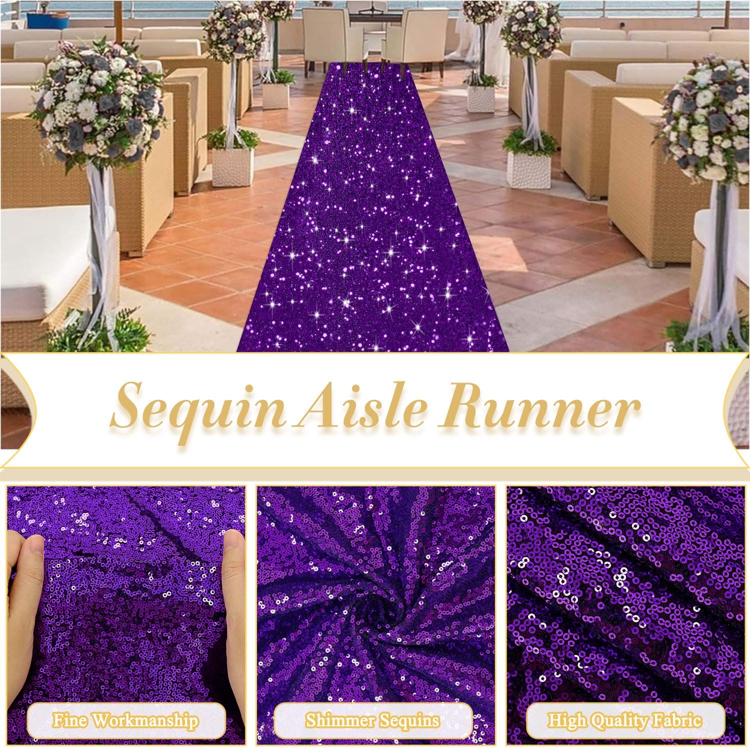 Purple Aisle Runner Rug Sequin Wedding Aisle Runners for Indoors 4FTx15FT Glitter Hallway Carpet Runner for Party Bridal Runner for Aisle Indoor Outdoor Wedding Runway Carpet for Grass