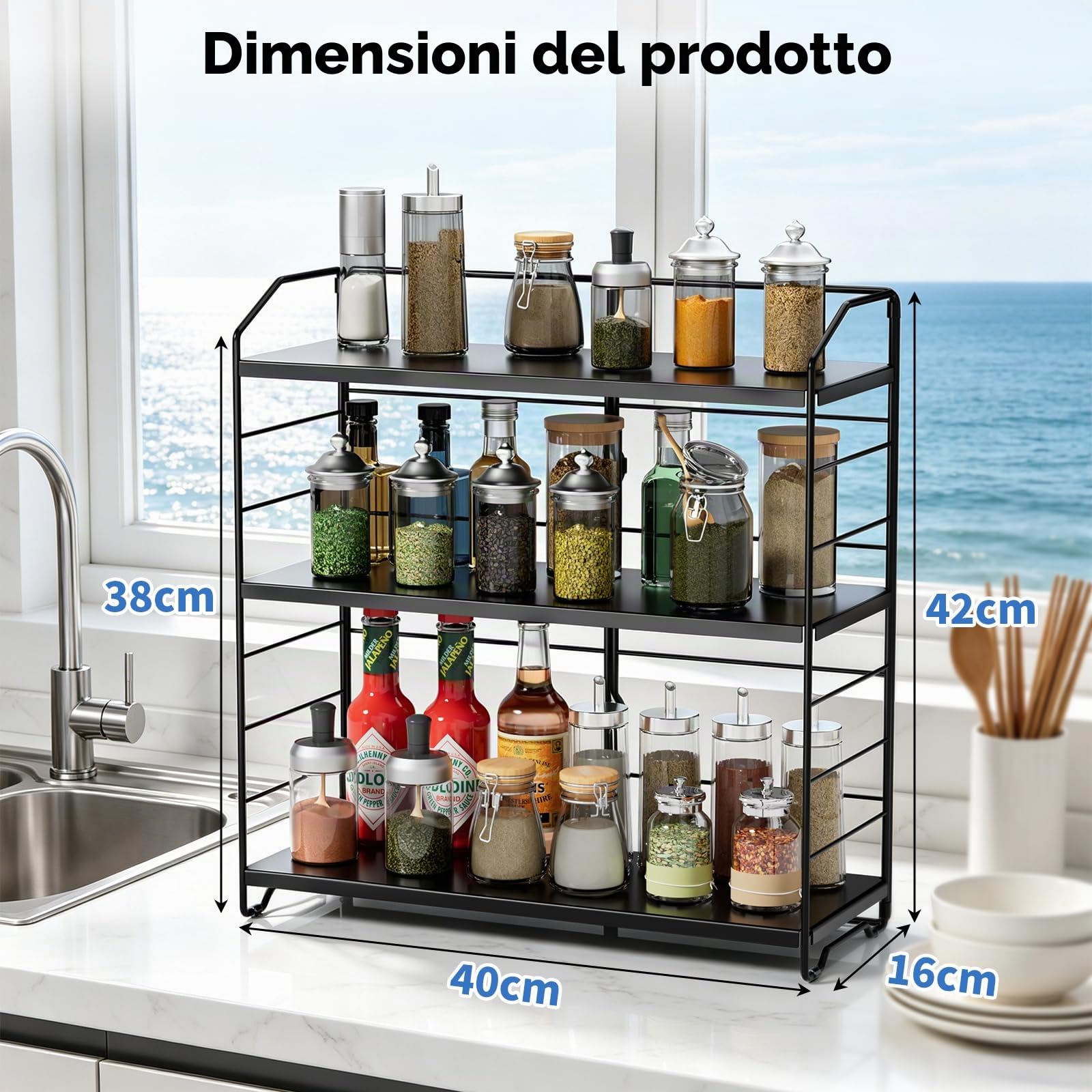Porta Spezie a 3 Ripianii, Porta Spezie Per Cucina, Nero | Scaffale da Cucina a 3 Ripiani, Design regolabile in altezza, Metallo di alta qualità, per Cucina, Sala da Pranzo, Ufficio