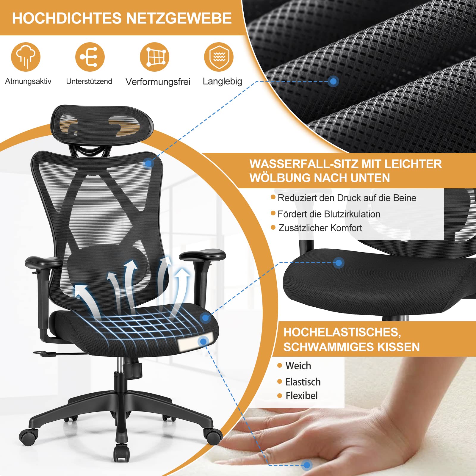Costway Ergonomische Bureaustoel Met Verstelbare Lendensteun Draaistoel Met Kantelbare Netrugleuning Computerstoel Met Verstelbare Hoofdsteun