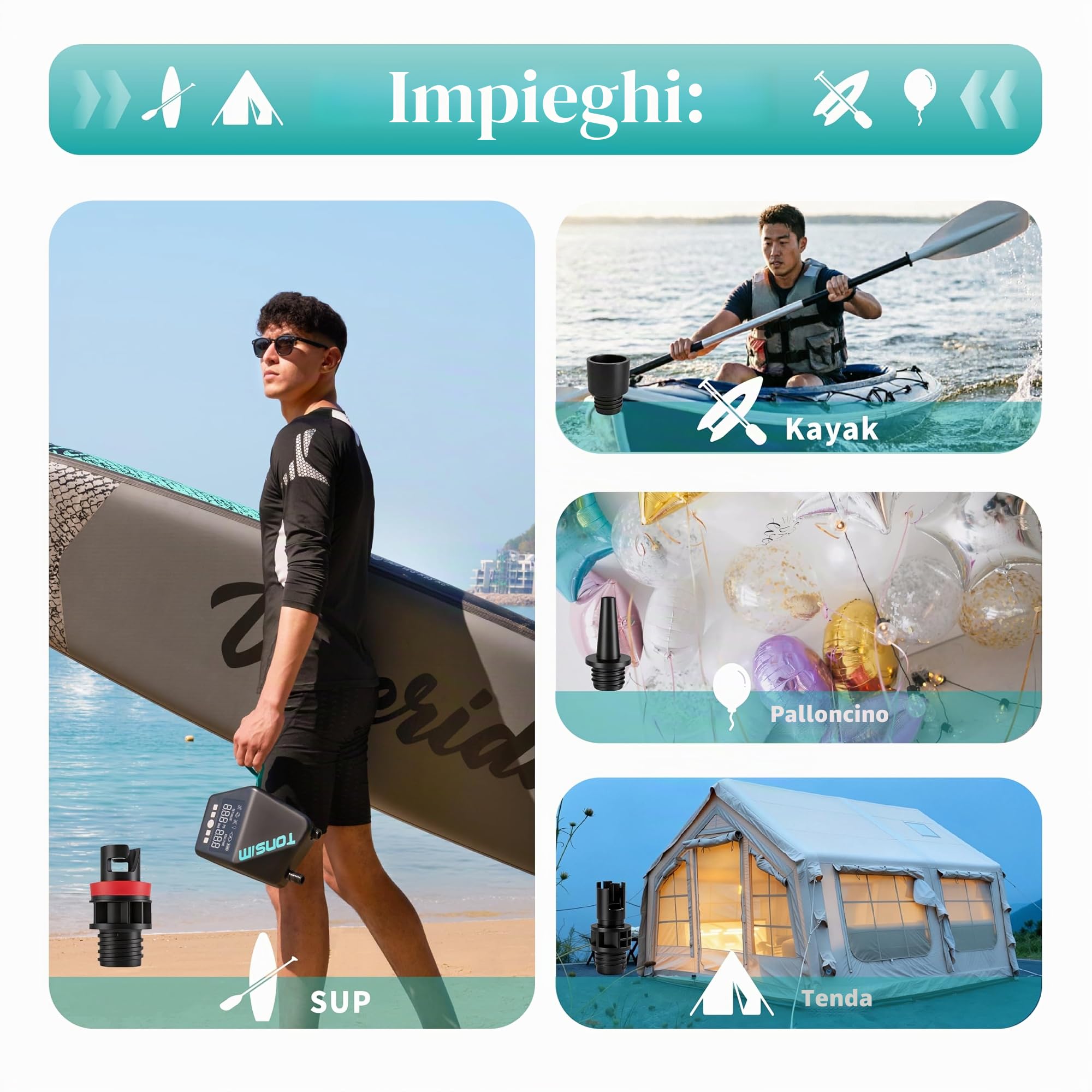 Tonsim Pompa Elettrica Sup con Batteria 20 PSI, Pompa ad Aria Ricaricabile con 4 Modalità, Doppio Stadio di Gonfiaggio e Sgonfiaggio, Collegamento Auto 12V-DC, Spegnimento Automatico per Paddleboard