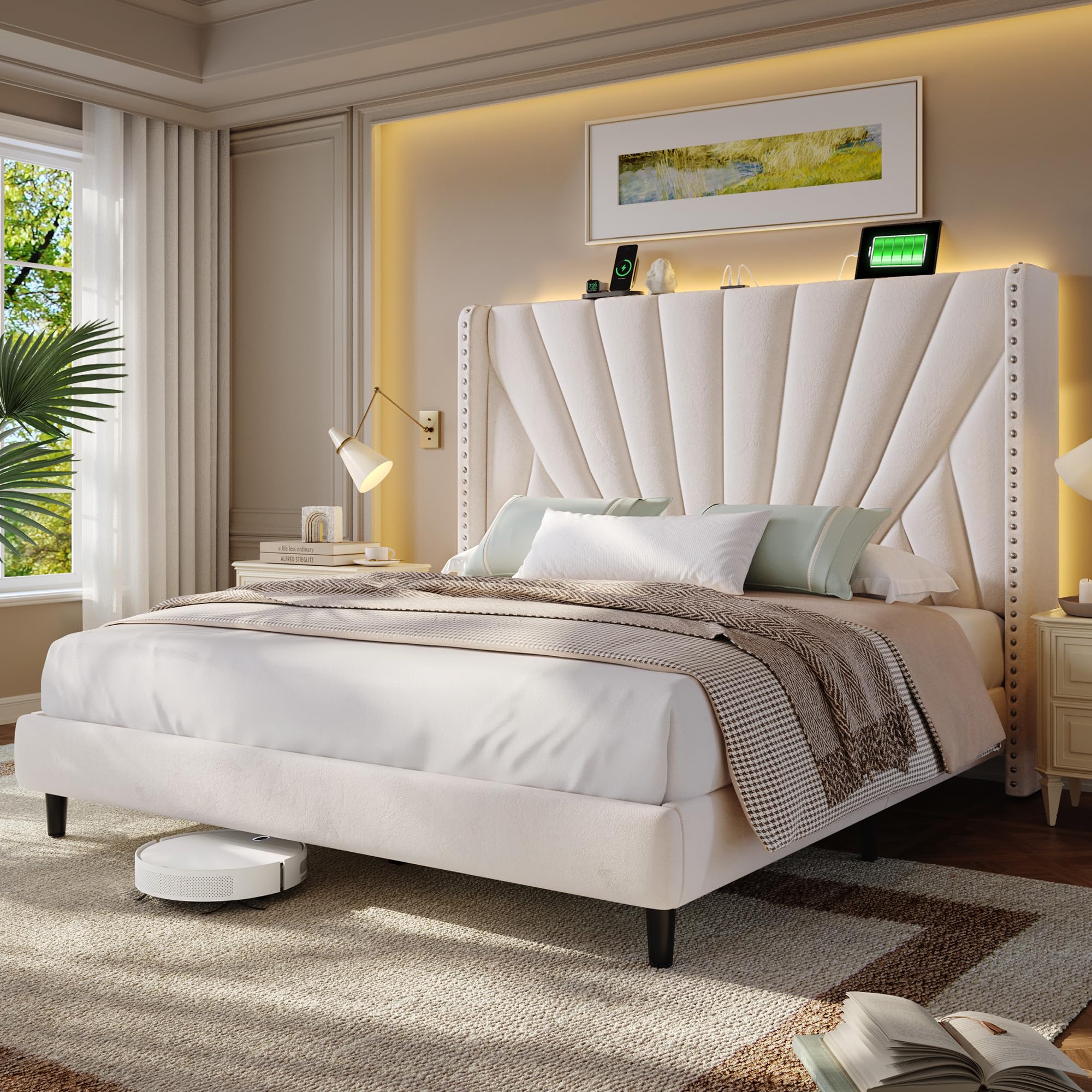 EnHomee Queen Bed Frame with 51" Tall Headboard Wingback, Velvet Upholstered Platform Bed with Charging Station and LED Lights, No Box Spring Needed,