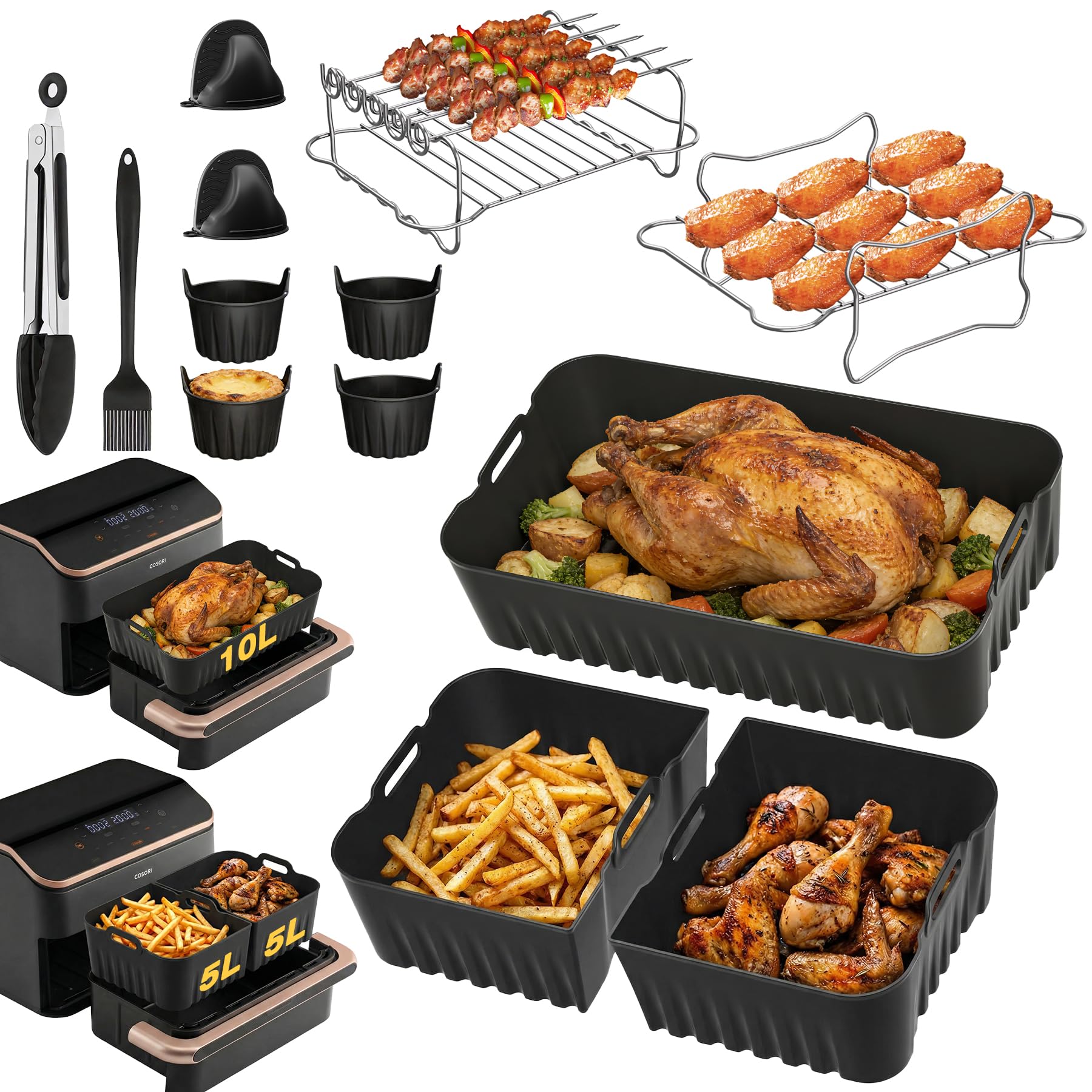 Heißluftfritteuse Zubehör für Cosori Dual Blaze Twinfry 10L, Airfryer Zubehör für Cosori 2 Kammern,Inklusive 2 x 5L+10L Silikonform,Grillrost,Muffinförmchen,Zange,4 x Silikonpinsel,Backhandschuh