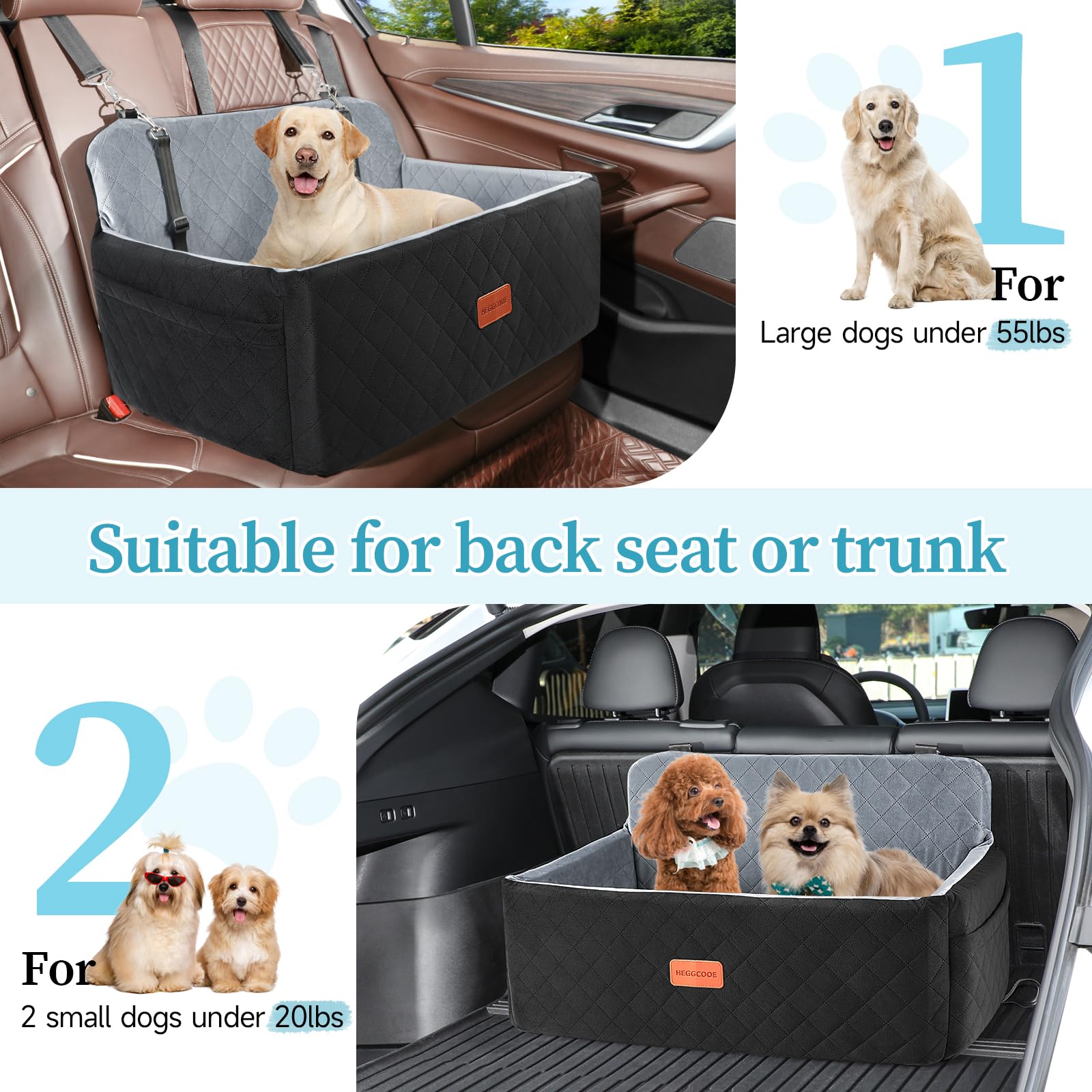 HEGGCOOE - Asiento de coche para perros medianos y grandes, elevador para mascotas <25 kg o 2 perros pequeños, cama de coche extraíble y lavable para asiento trasero