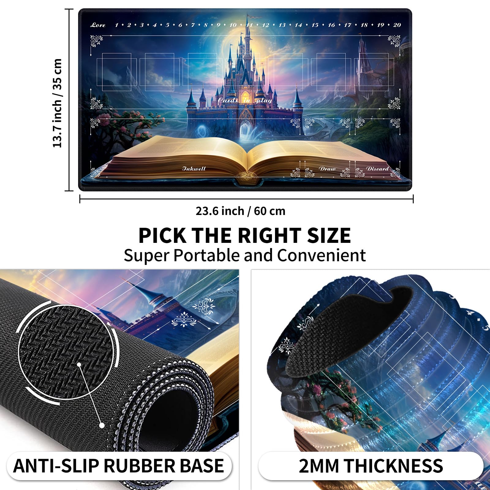 Tappetino da gioco con zone per giochi di carte, compatibile con carte Lorcana TCG Tappetini da gioco 61 x 35,6 cm Commander Deck Gaming Duel Mat Card Gameplay Mats per principianti, Magic