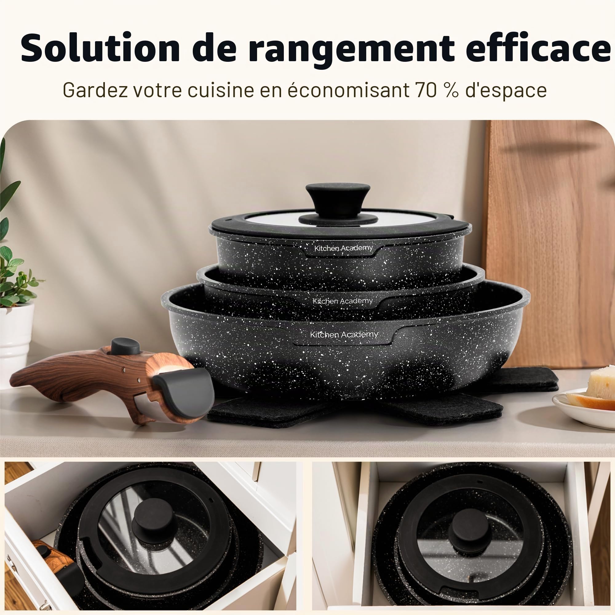 Kitchen Academy Lot de 10 Casseroles et Poêles avec Poignée Amovible, Couvercles en Verre, Revêtement Anti-adhésif Compatible Induction Noir
